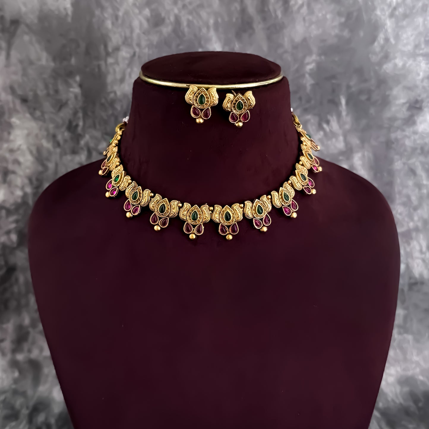 Neelima Antique Lotus Temple Necklace Set - Green & Pink