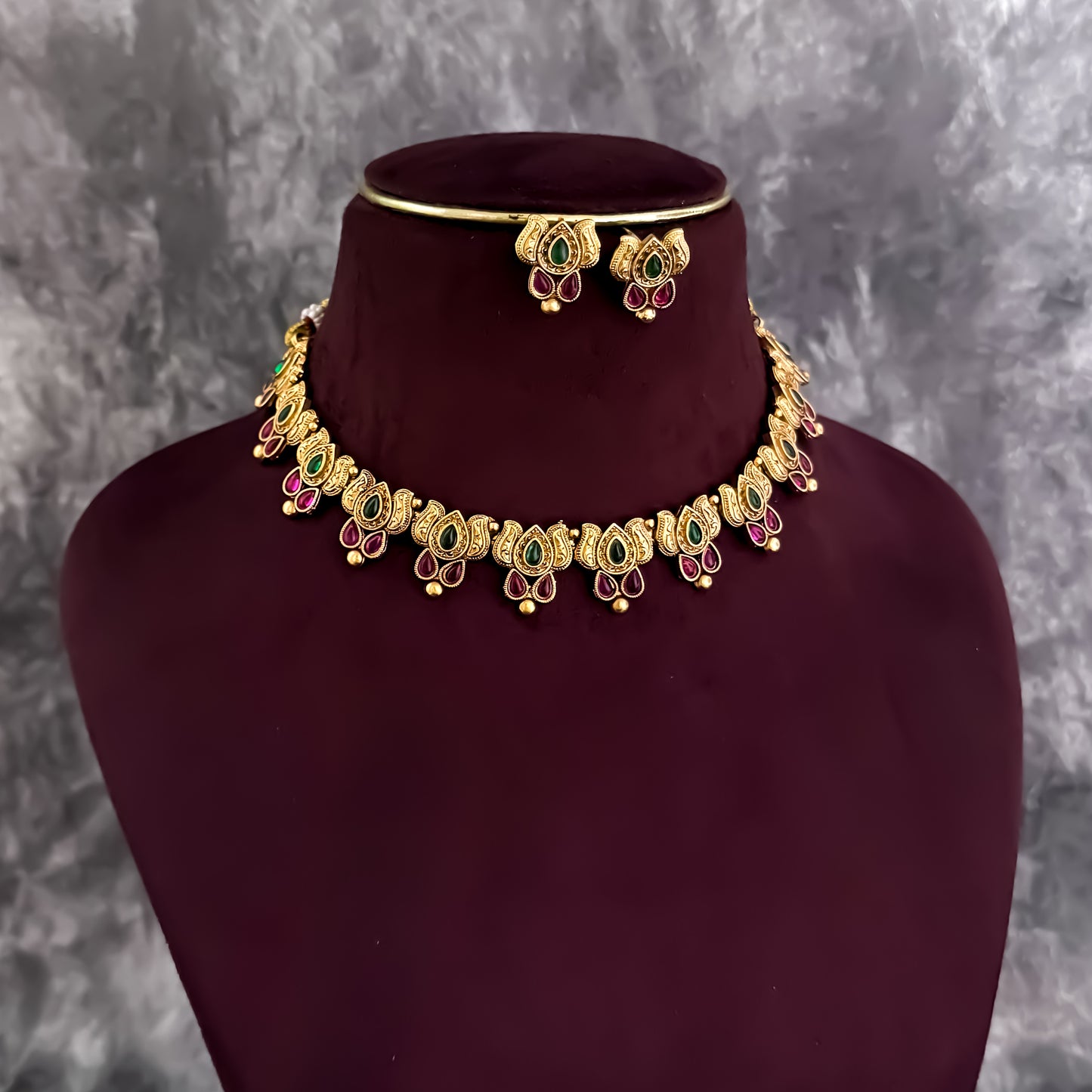 Neelima Antique Lotus Temple Necklace Set - Green & Pink
