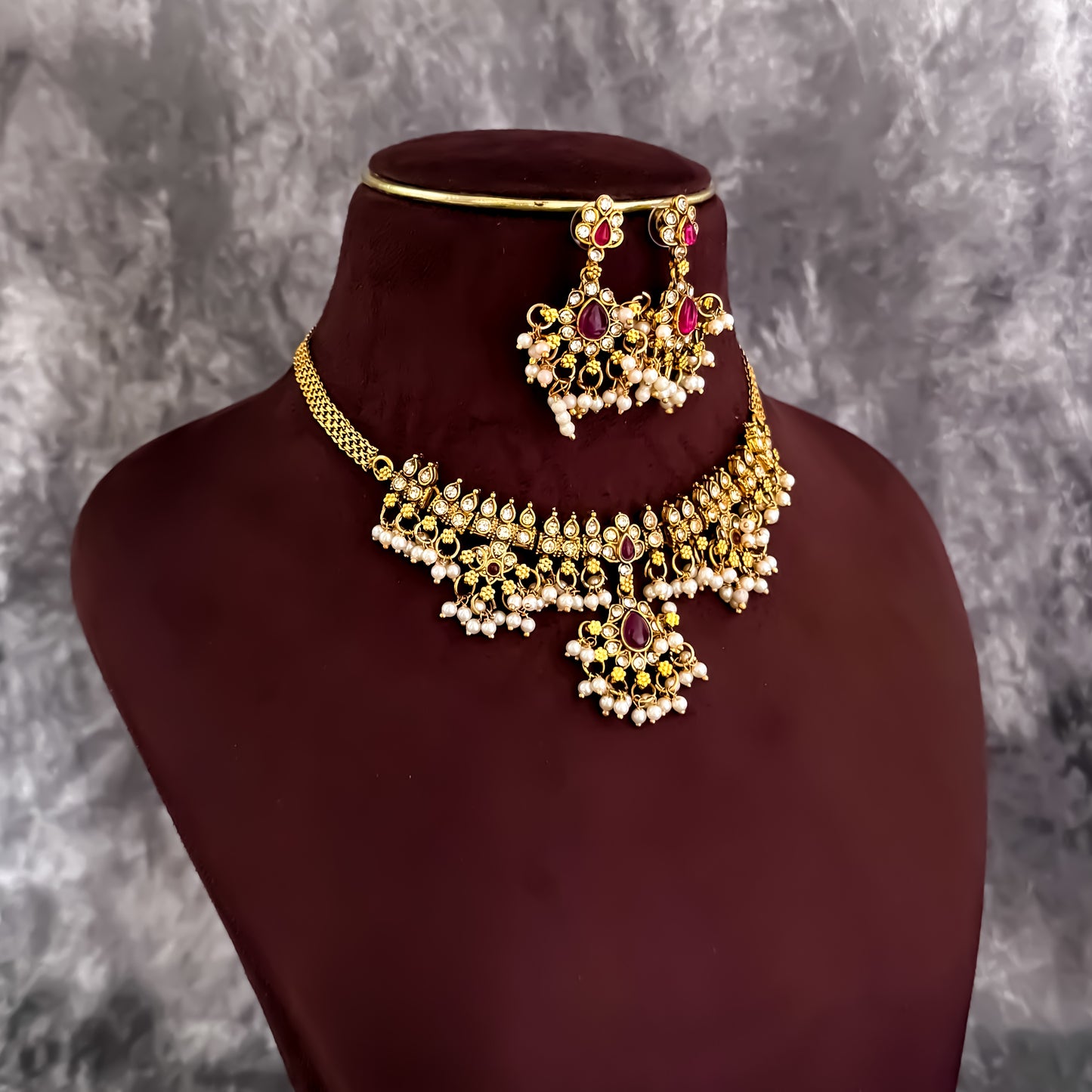 Mini Guttapushali Necklace Set With Earrings- Golden & Pink