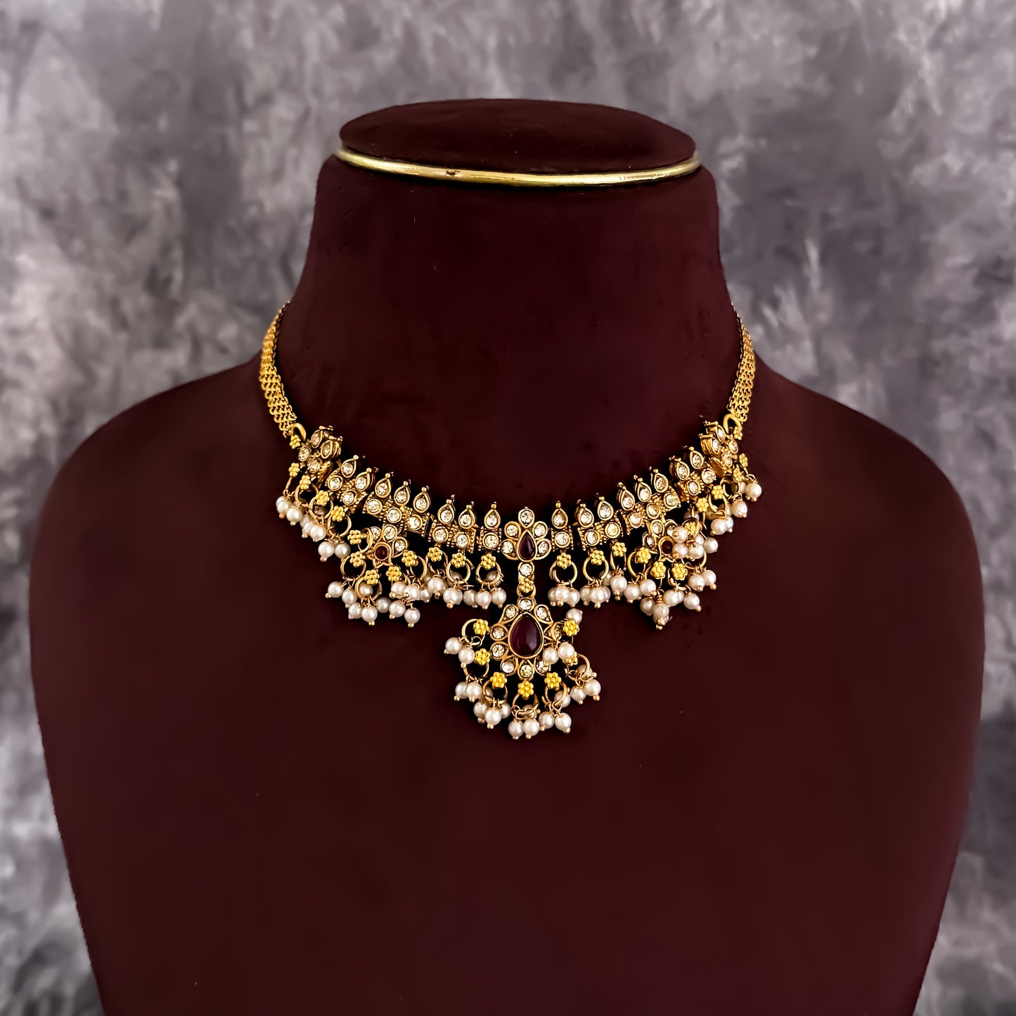 Mini Guttapushali Necklace Set With Earrings- Golden & Pink