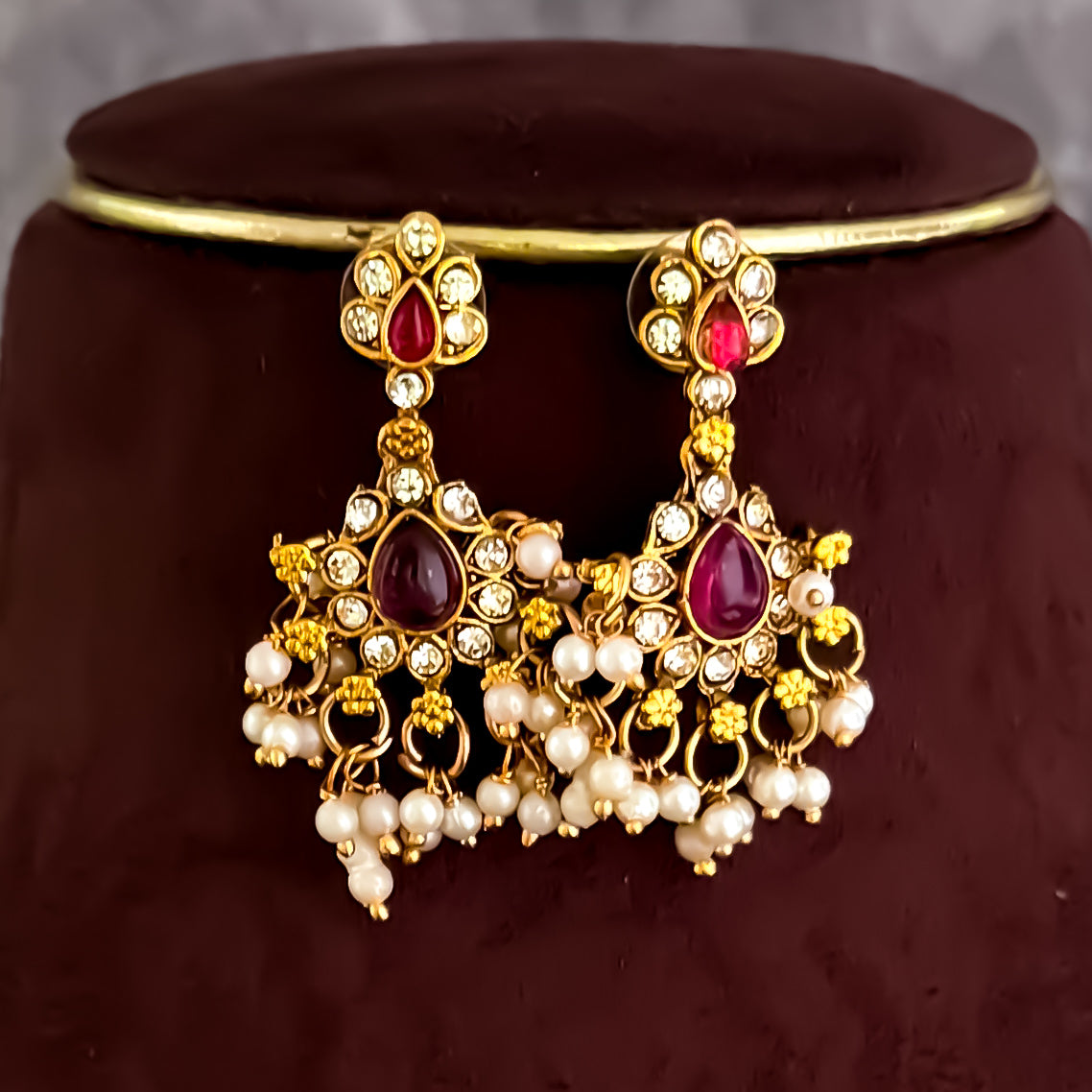 Mini Guttapushali Necklace Set With Earrings- Golden & Pink
