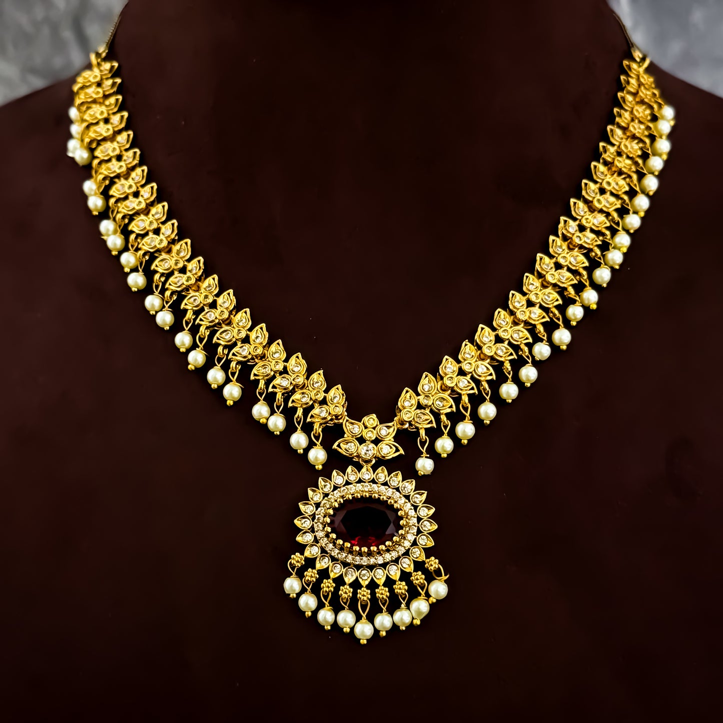 Pritika Temple AD Necklace Set - Pink