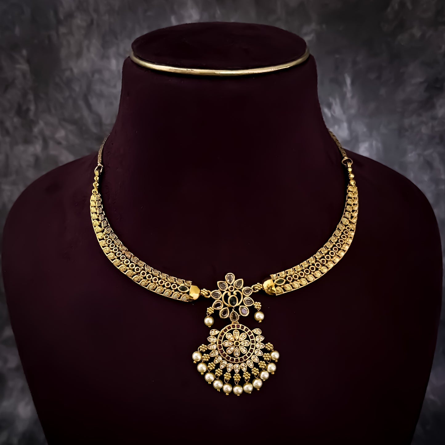 Ritika Temple AD Hasli Necklace Set - Golden