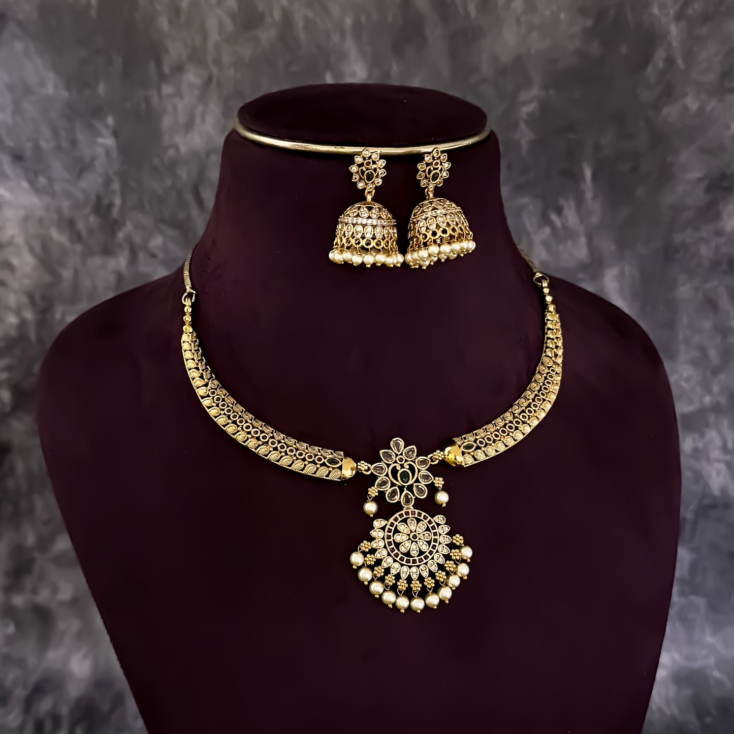 Ritika Temple AD Hasli Necklace Set - Golden