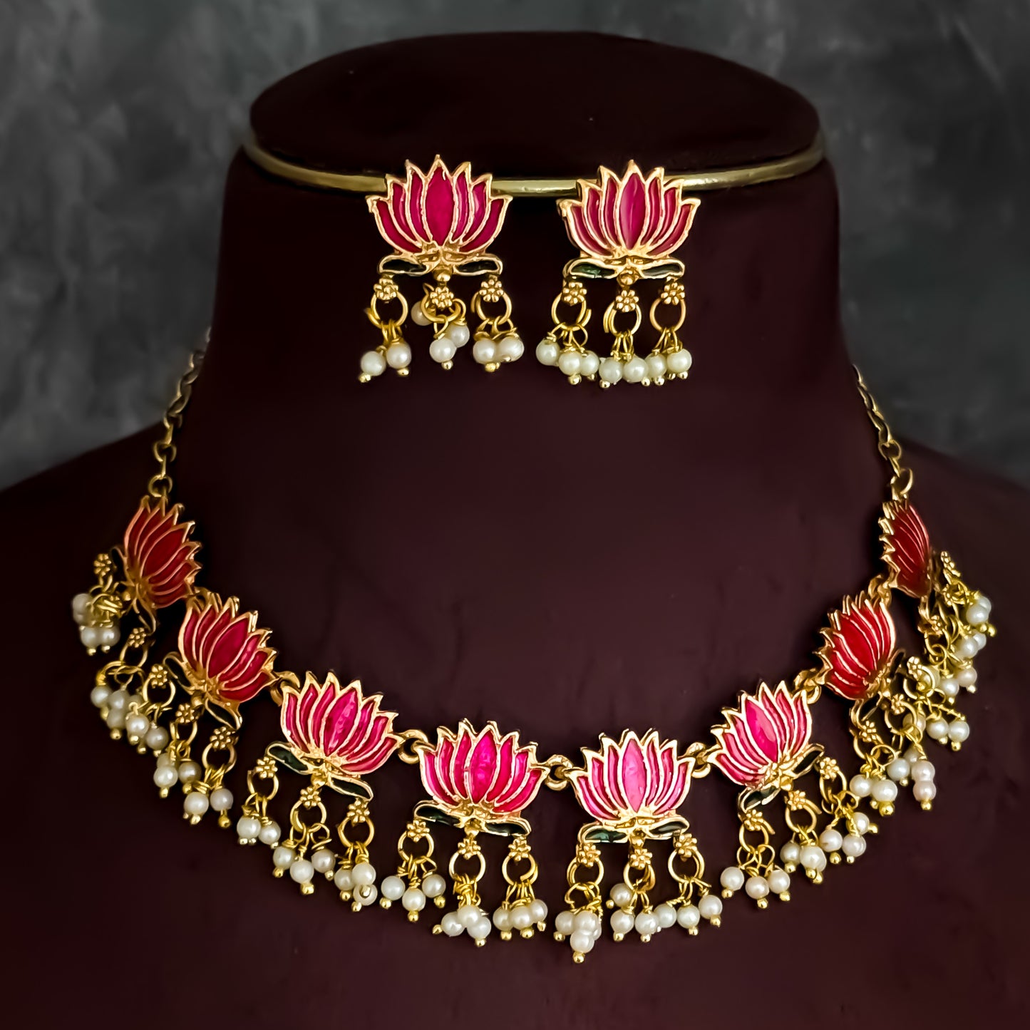 Nalini Lotus Temple Motif Necklace Set - Pink & Green