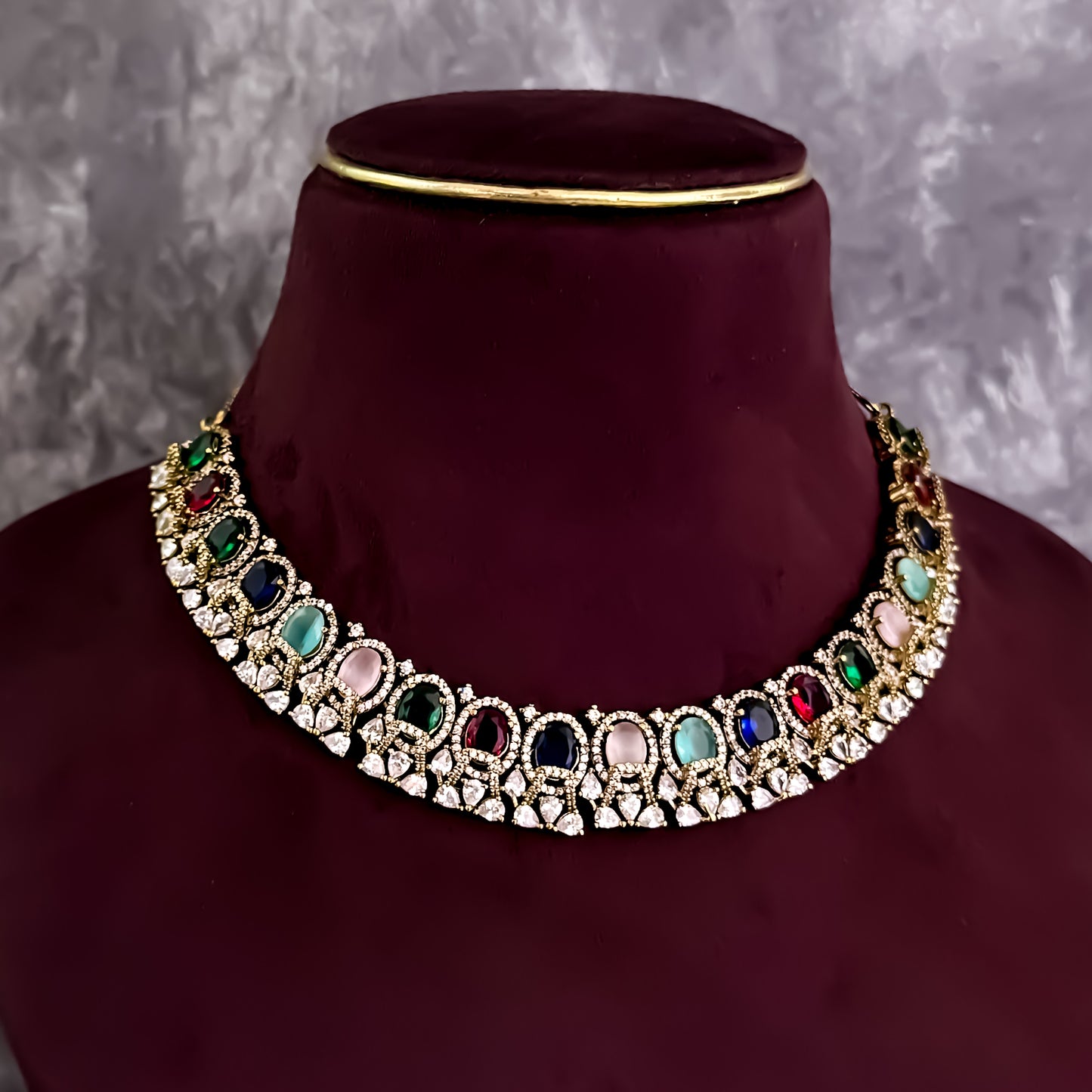 Nisa Navratan AD Necklace Set - Multi