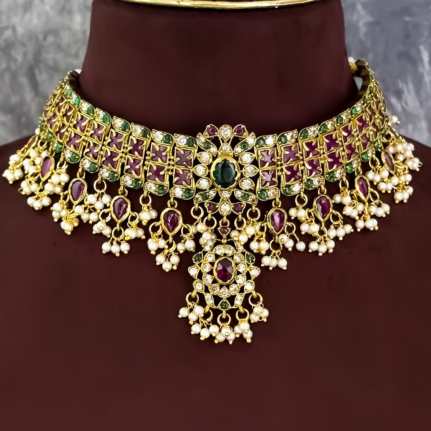 Kishangi Premium Kemp AD Choker Necklace Set - Pink & Green