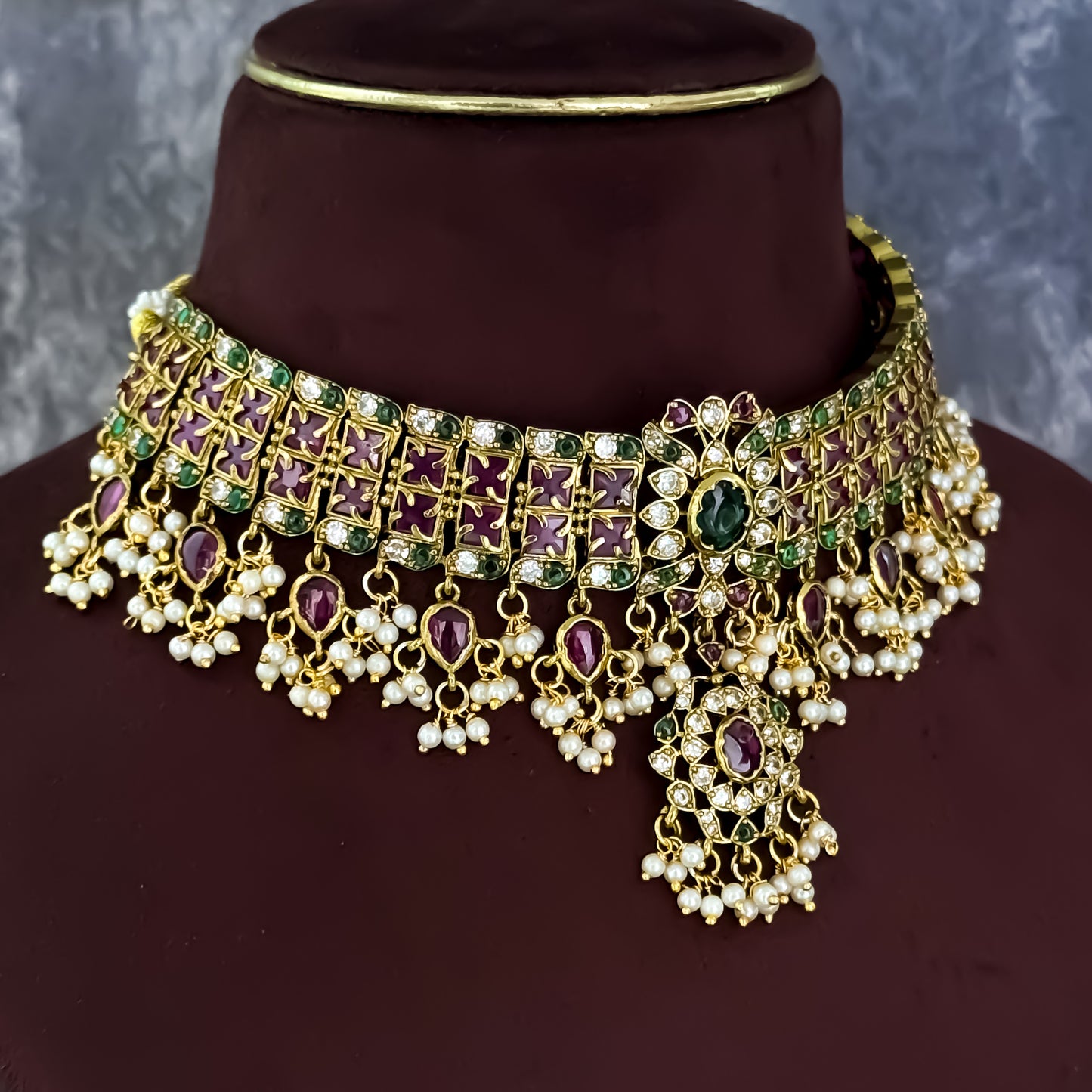 Kishangi Premium Kemp AD Choker Necklace Set - Pink & Green