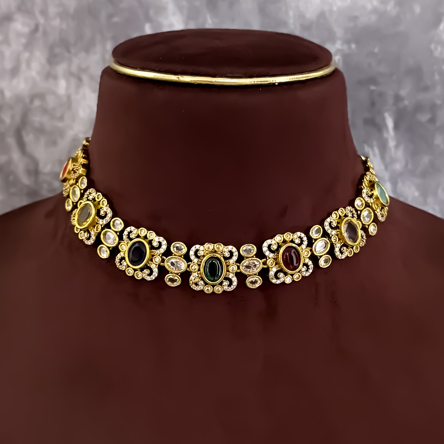 Kesariya Navratan AD Necklace Set - Multi