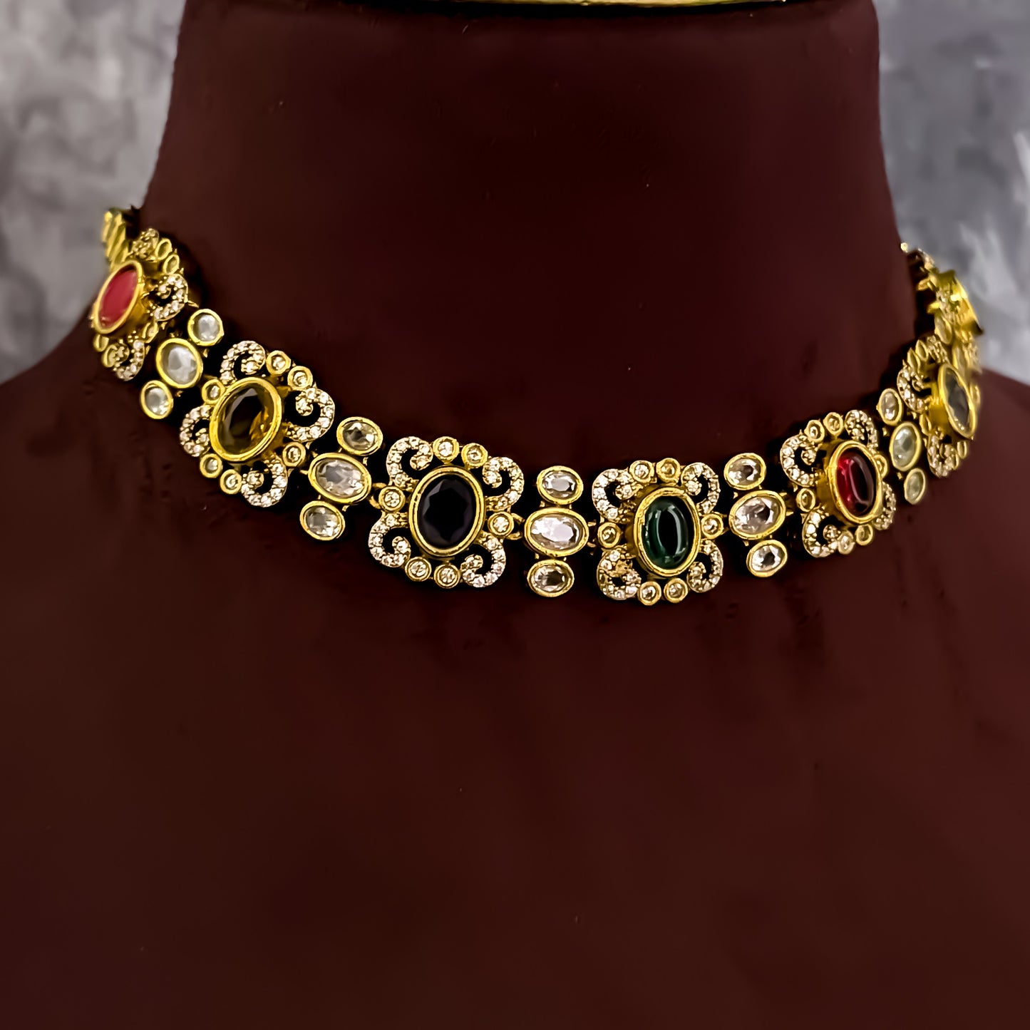 Kesariya Navratan AD Necklace Set - Multi