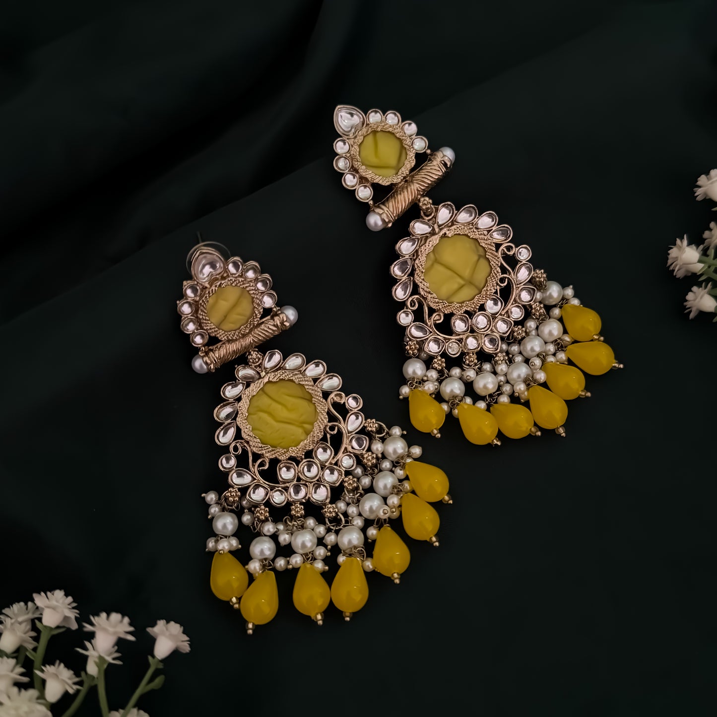 Shravani Pearl Chandbali Earrings - Yellow