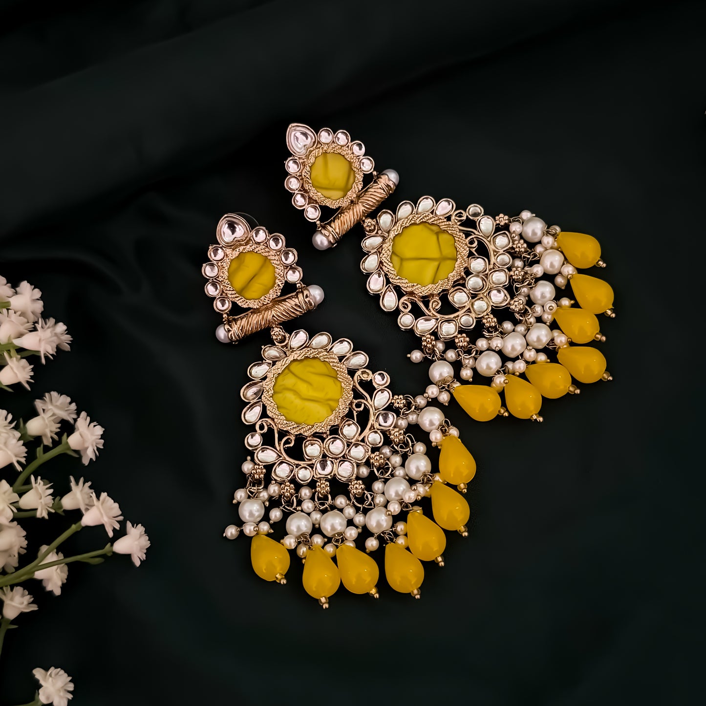 Shravani Pearl Chandbali Earrings - Yellow