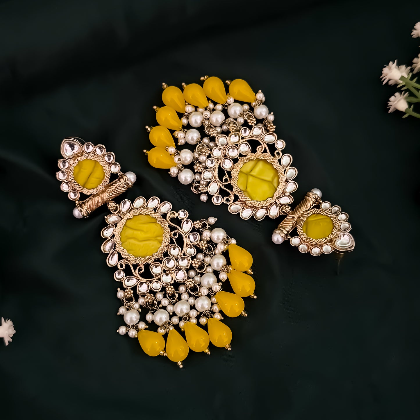 Shravani Pearl Chandbali Earrings - Yellow