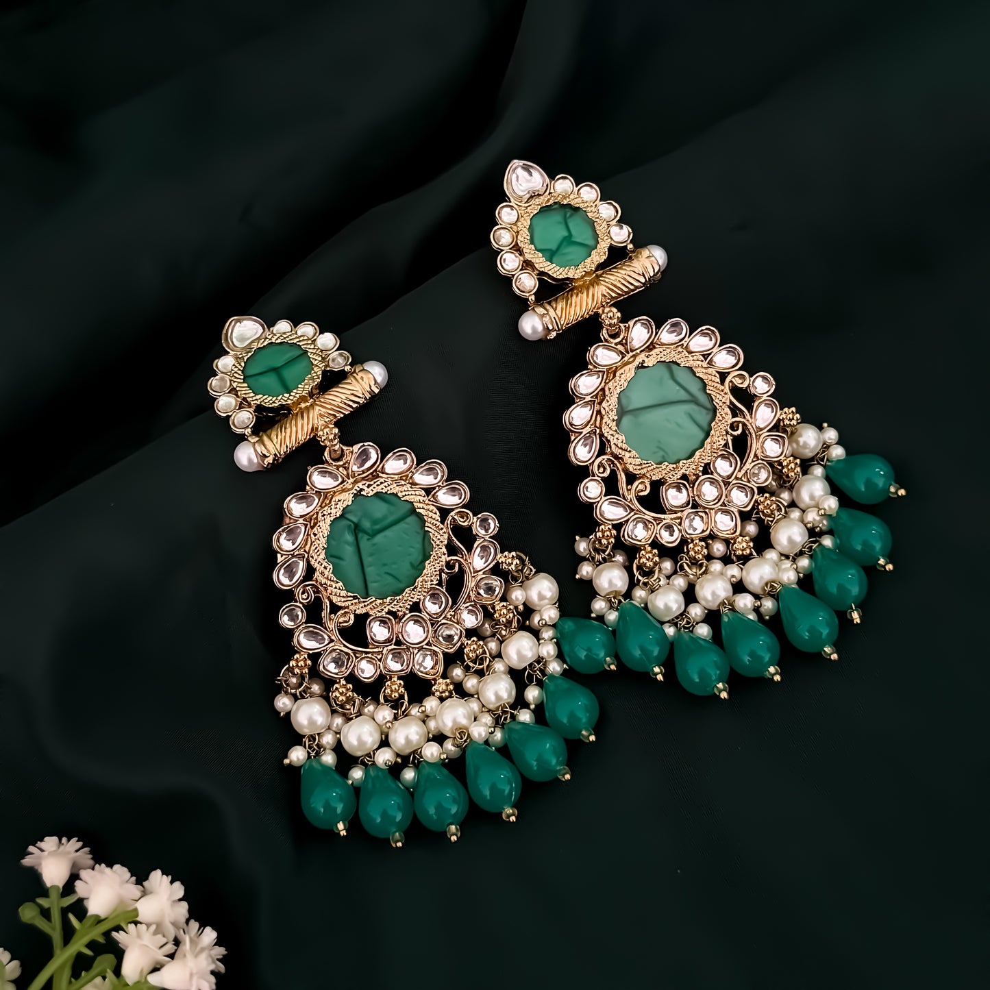 Shravani Pearl Chandbali Earrings - Green