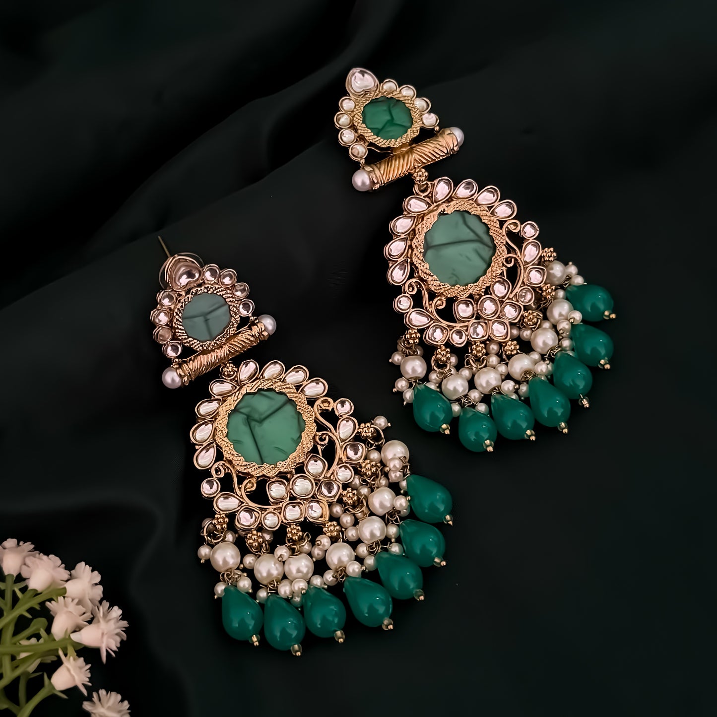 Shravani Pearl Chandbali Earrings - Green