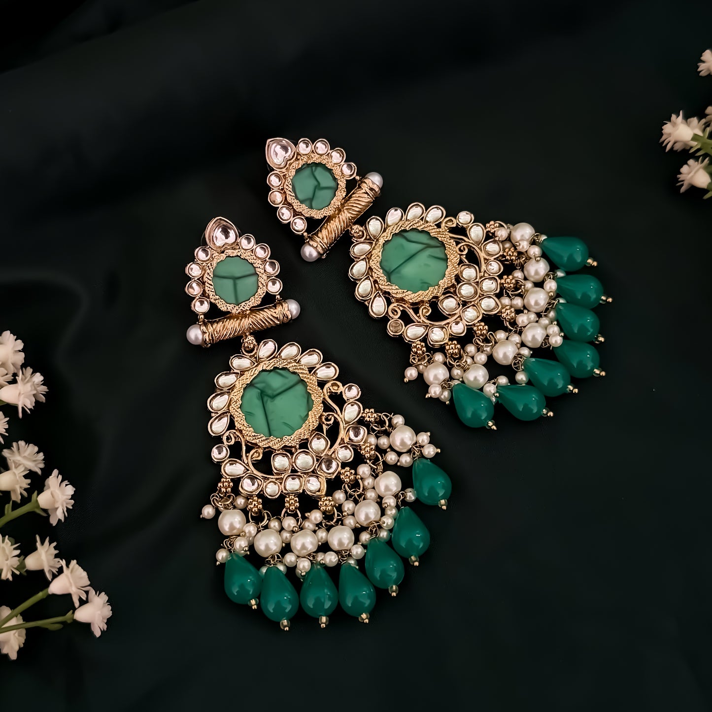 Shravani Pearl Chandbali Earrings - Green