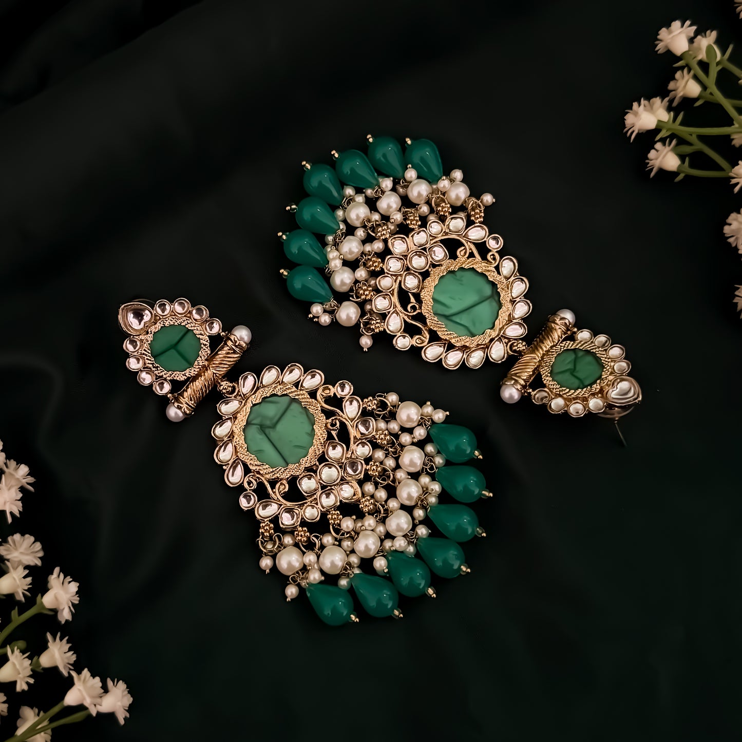 Shravani Pearl Chandbali Earrings - Green