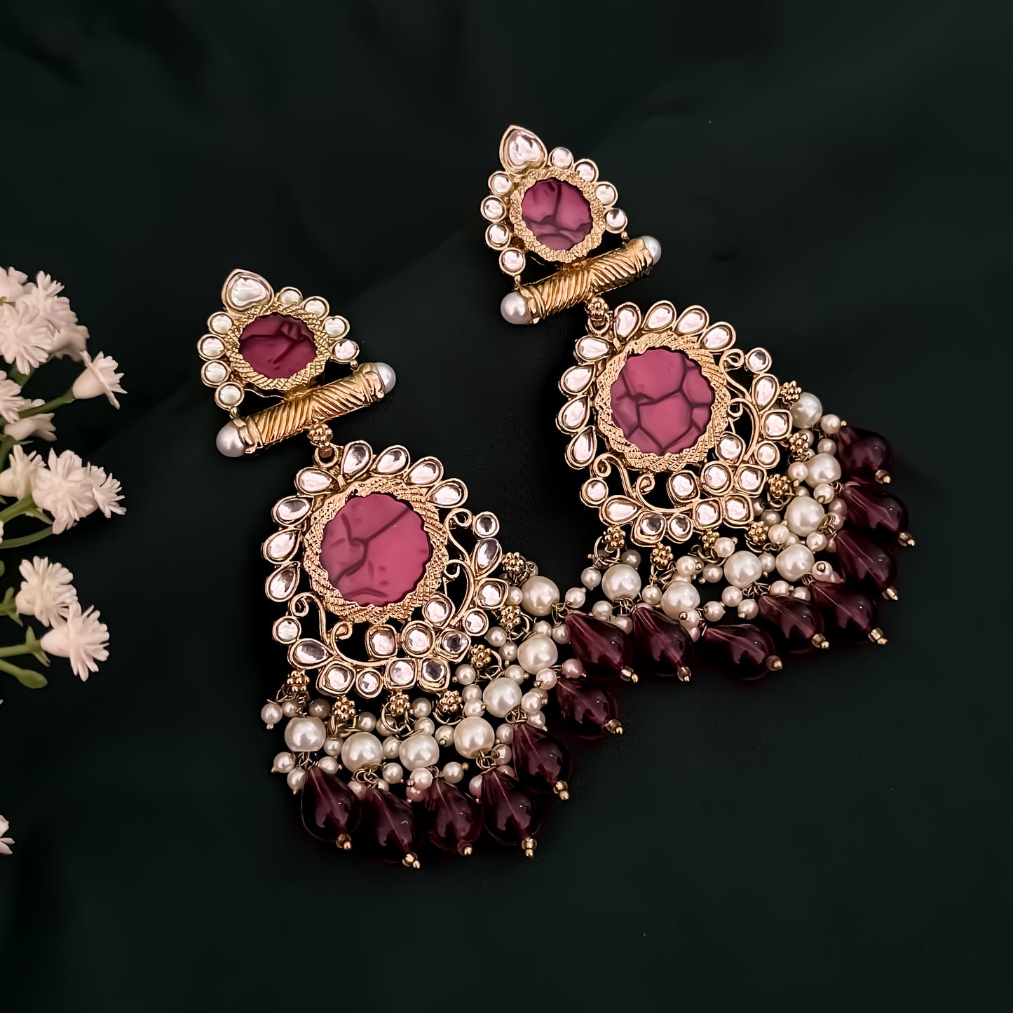 Shravani Pearl Chandbali Earrings - Wine