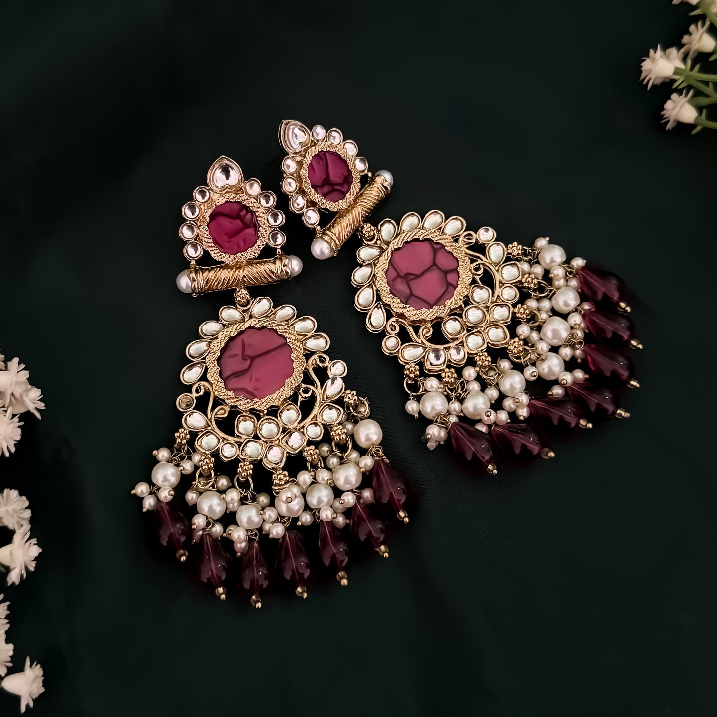 Shravani Pearl Chandbali Earrings - Wine