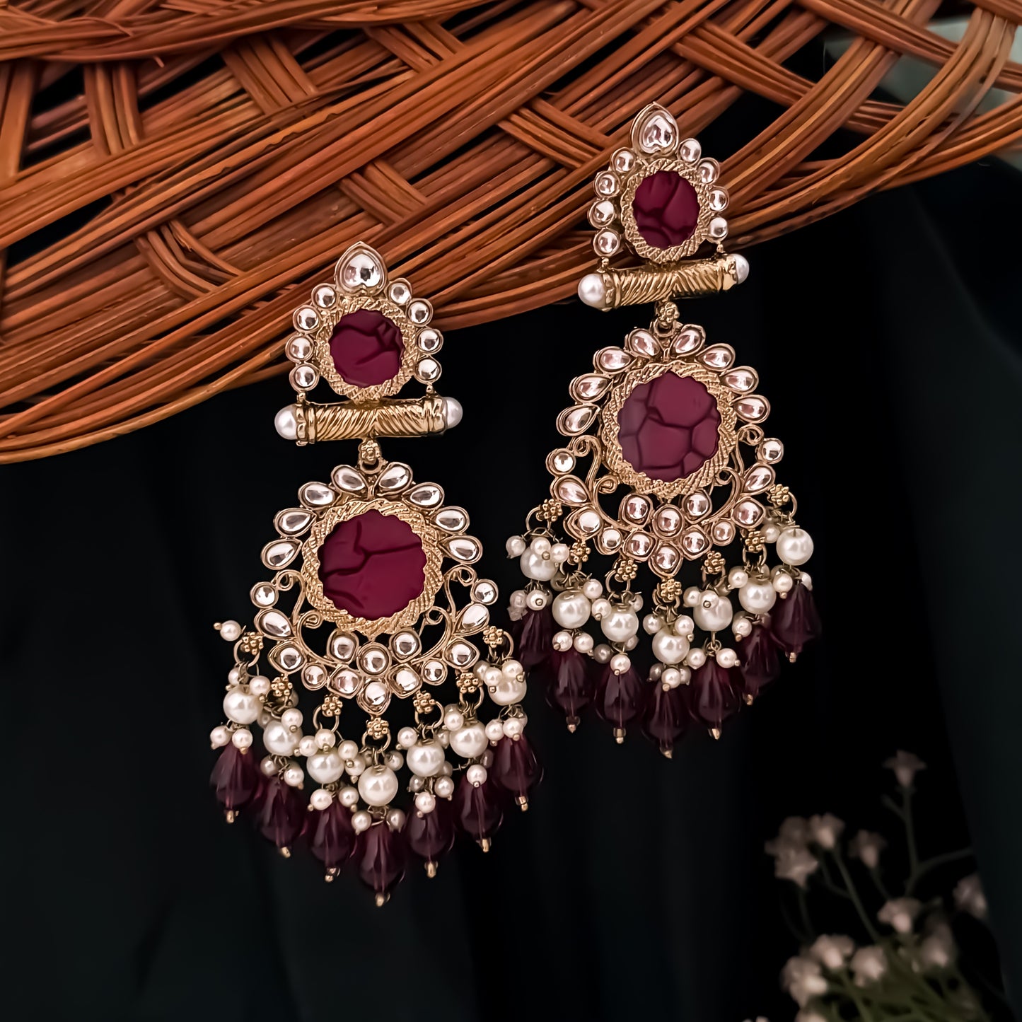 Shravani Pearl Chandbali Earrings - Wine
