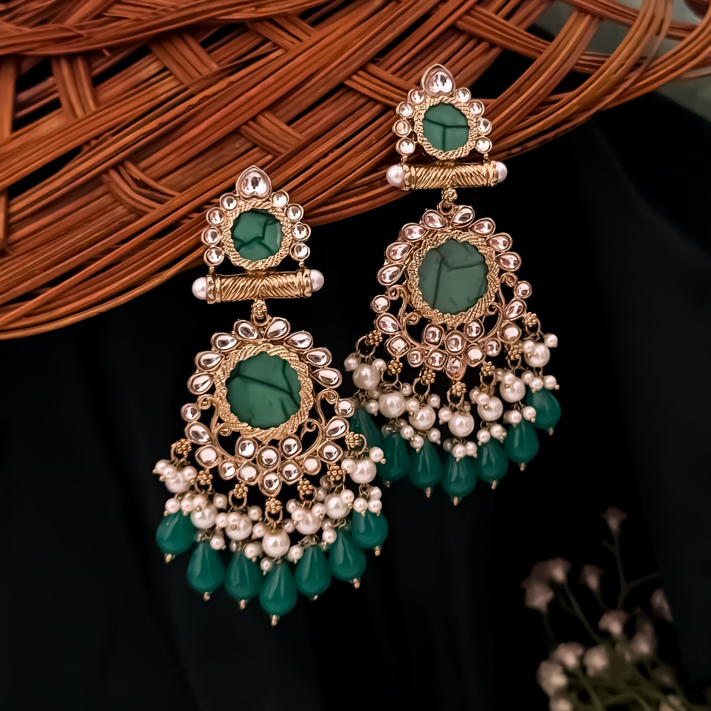 Shravani Pearl Chandbali Earrings - Green