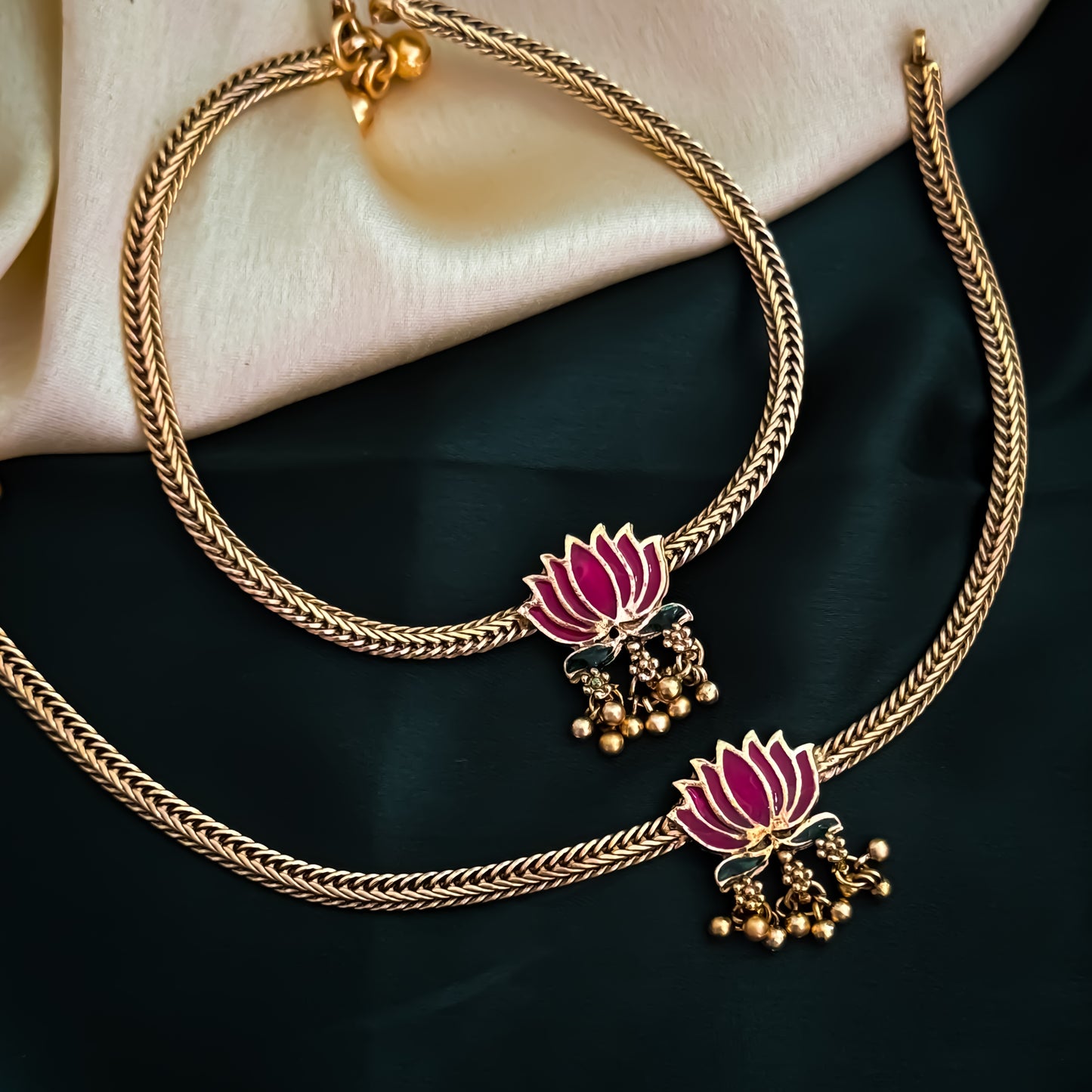 Lotus Padmini Floral Temple Anklet - Pink