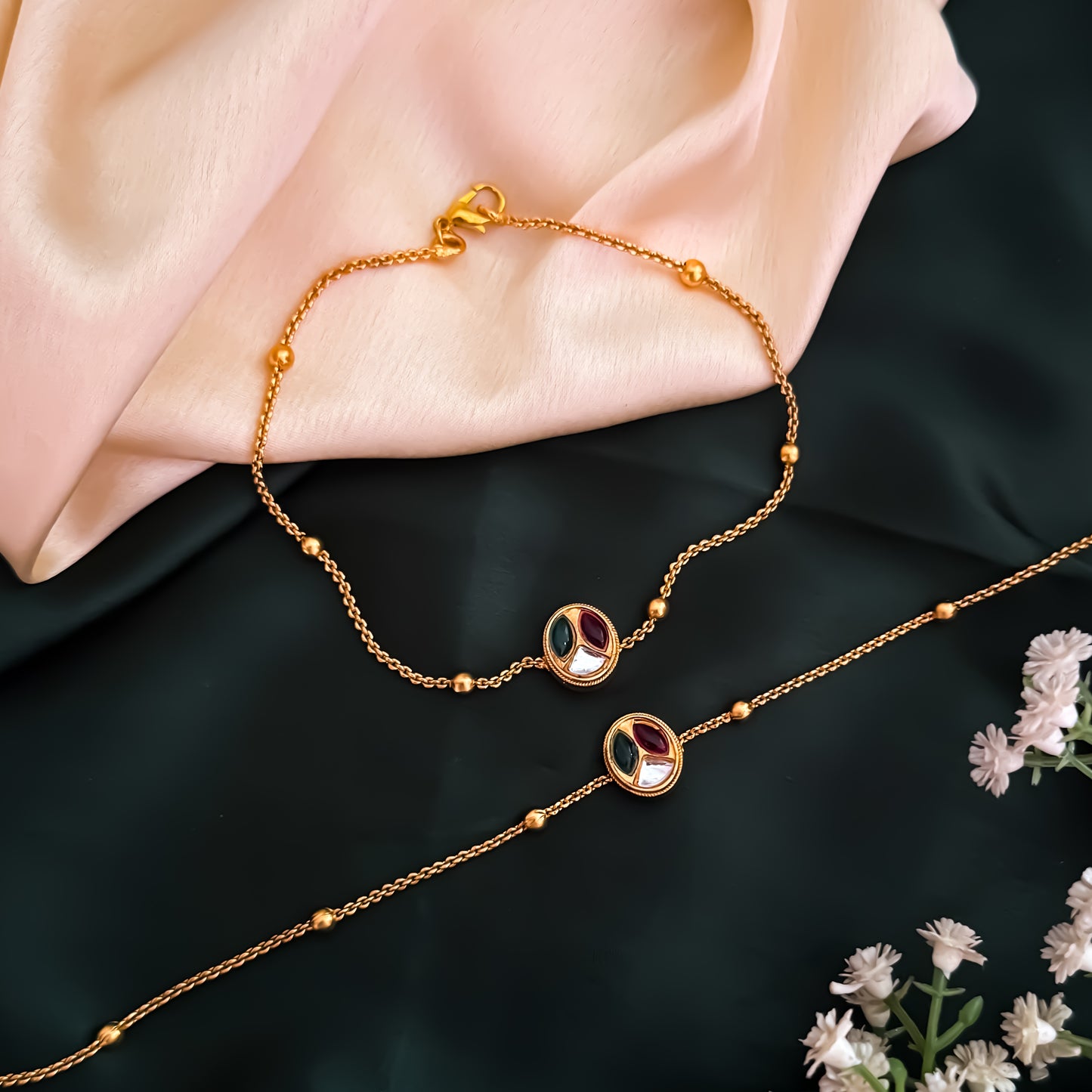 Shree Floral Temple Anklet - Pink & Green