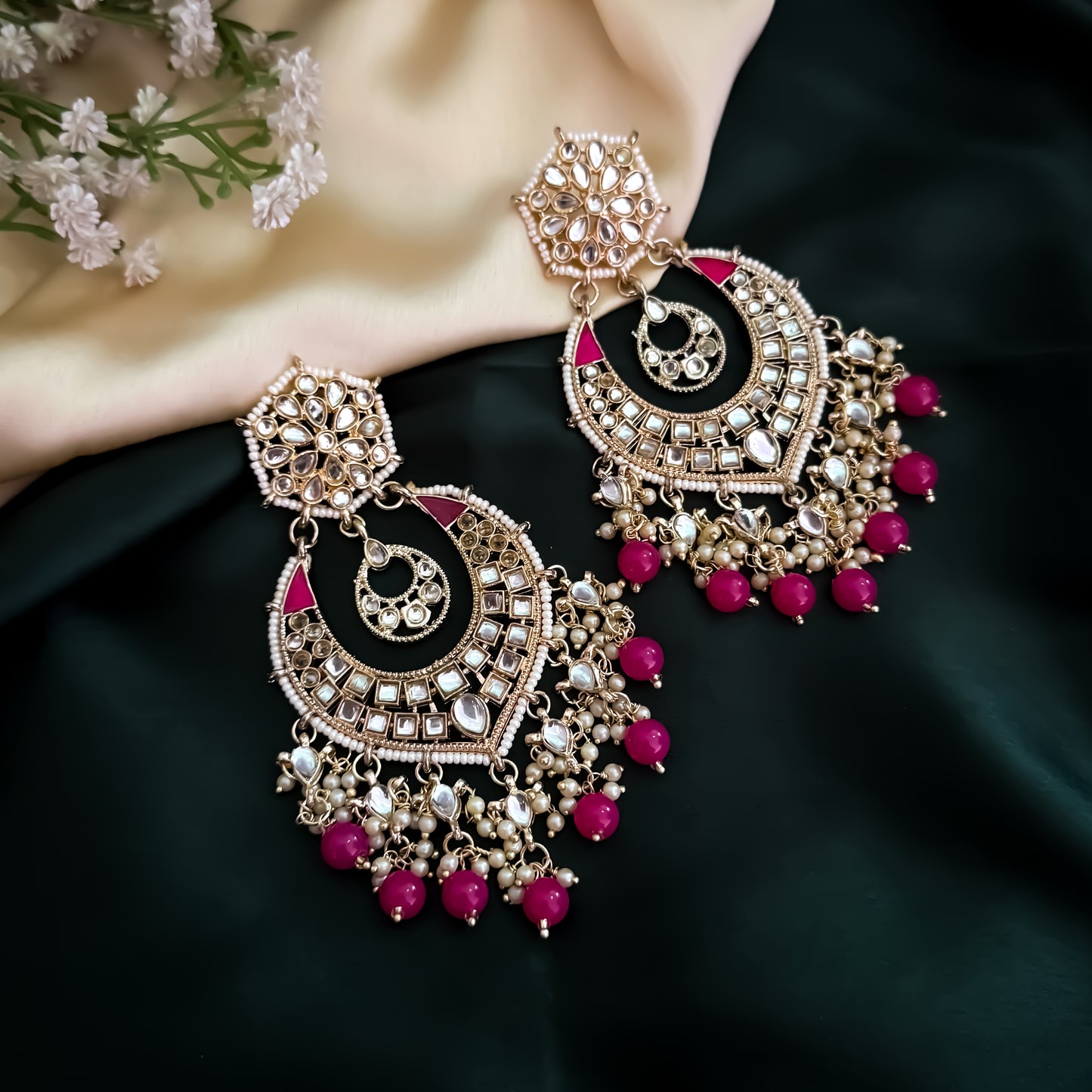 Nisa Kundan Pearl Chandbali Earrings - Pink