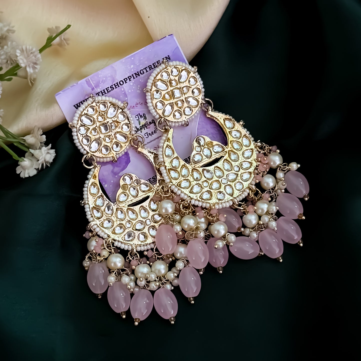 Maheen Kundan Pearl Chandbali Earrings - Pastel Pink