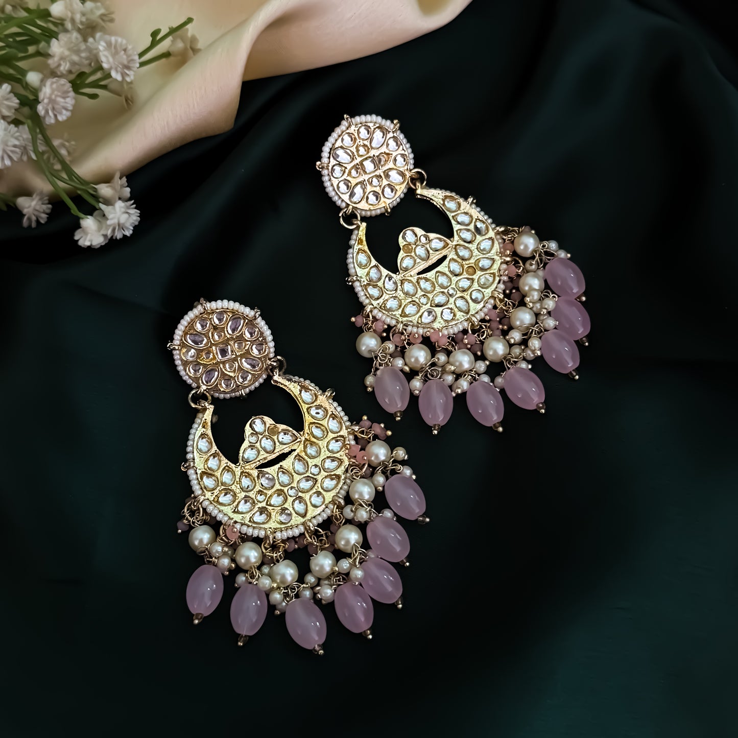 Maheen Kundan Pearl Chandbali Earrings - Pastel Pink