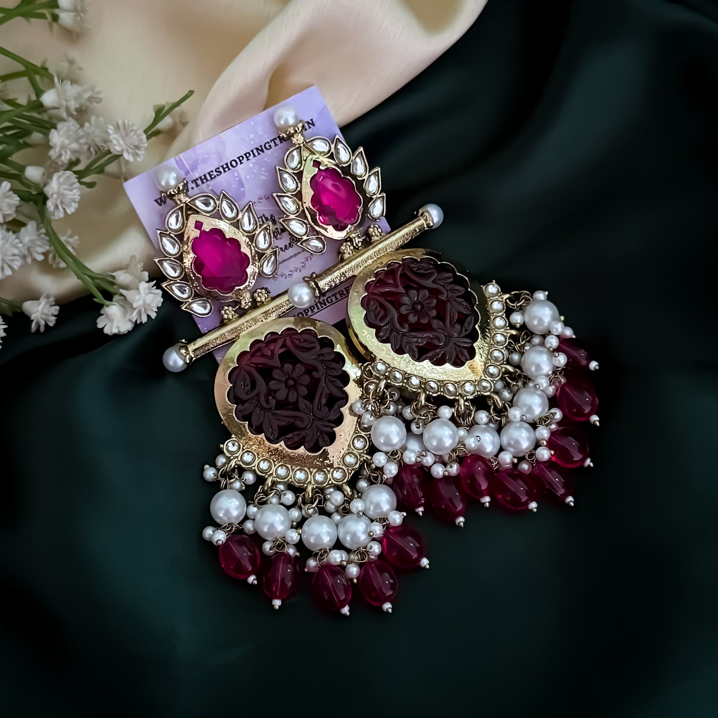 Shagun Cutwork Chandbali Earrings - Hot Pink