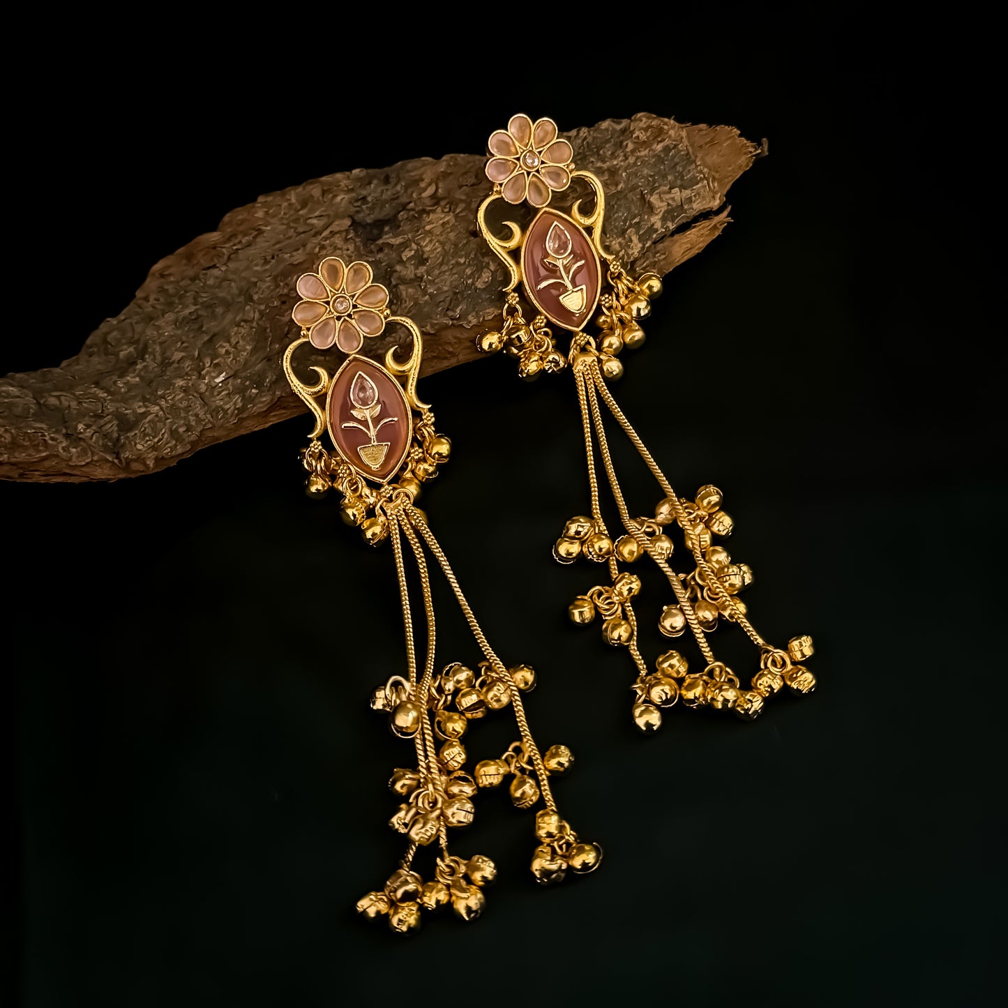 Suhani Kashmiri Brass Dejhoor Ghungroo Earrings - Pastel Pink