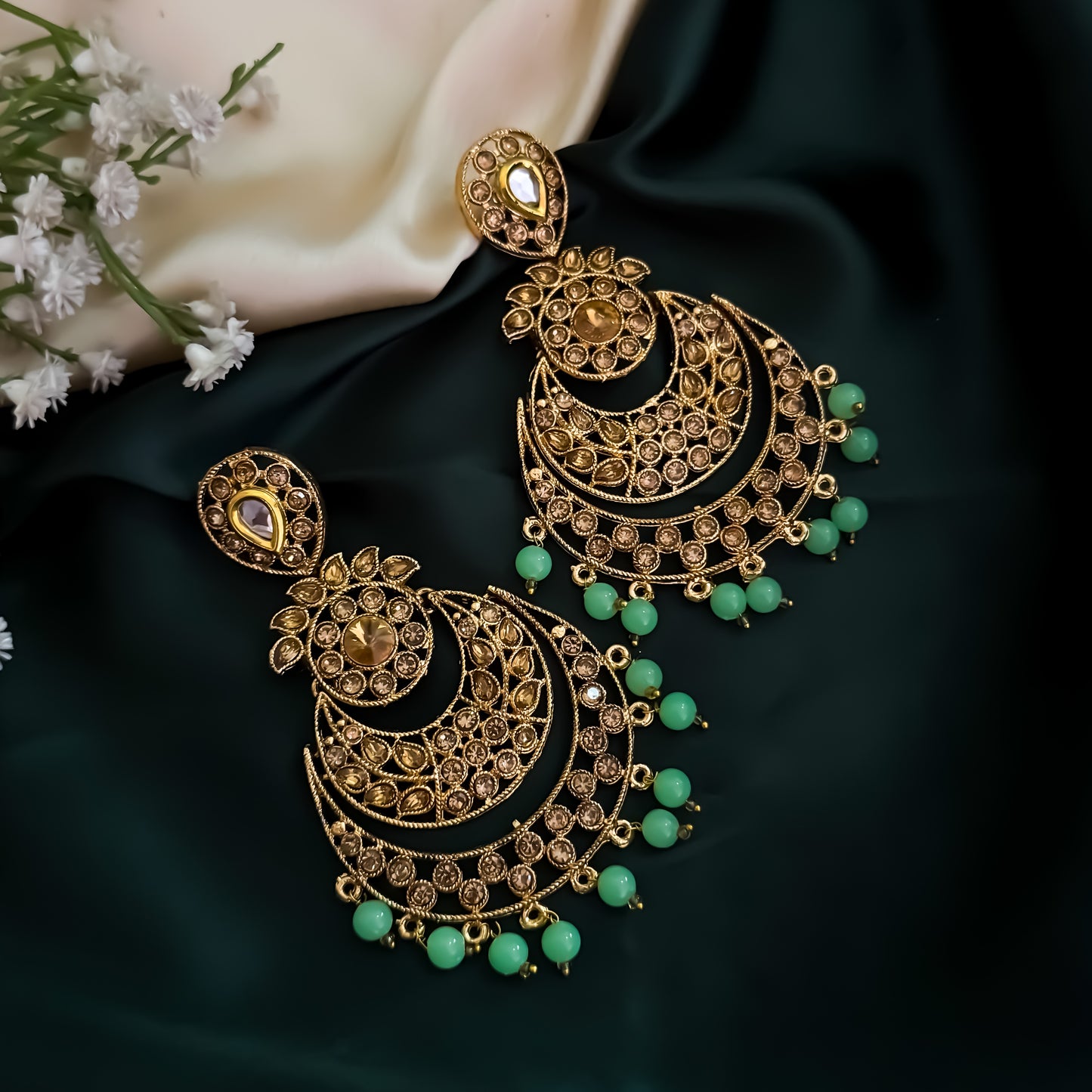Nankee Reverse AD Chandbali Earrings - Mint Green