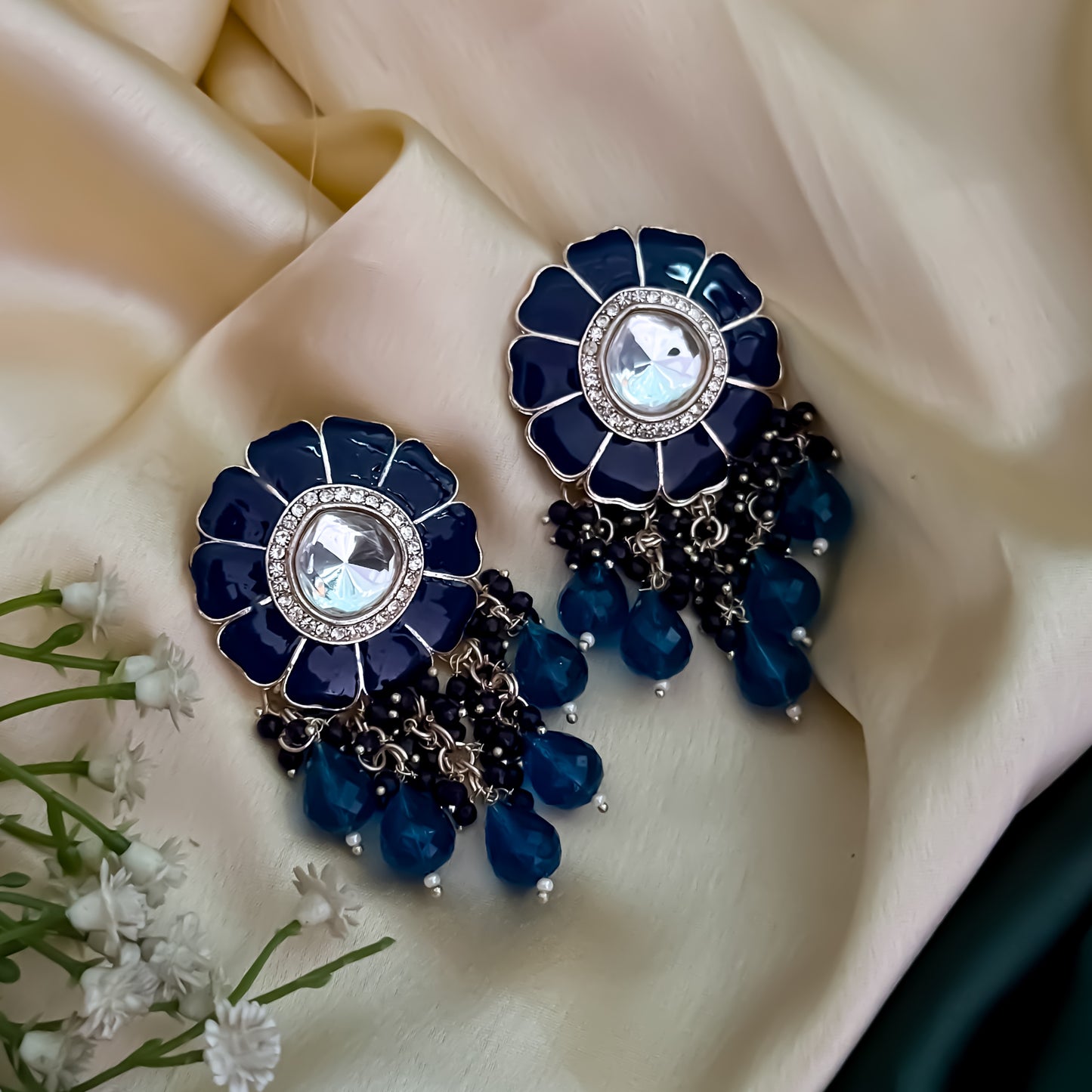 Noori Polki Stud Earrings - Blue