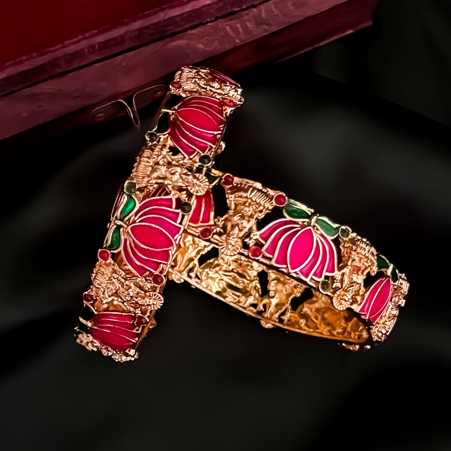 Nalini Lotus Lakshmi Temple Gold Bangles - Set of 2 (Pink)