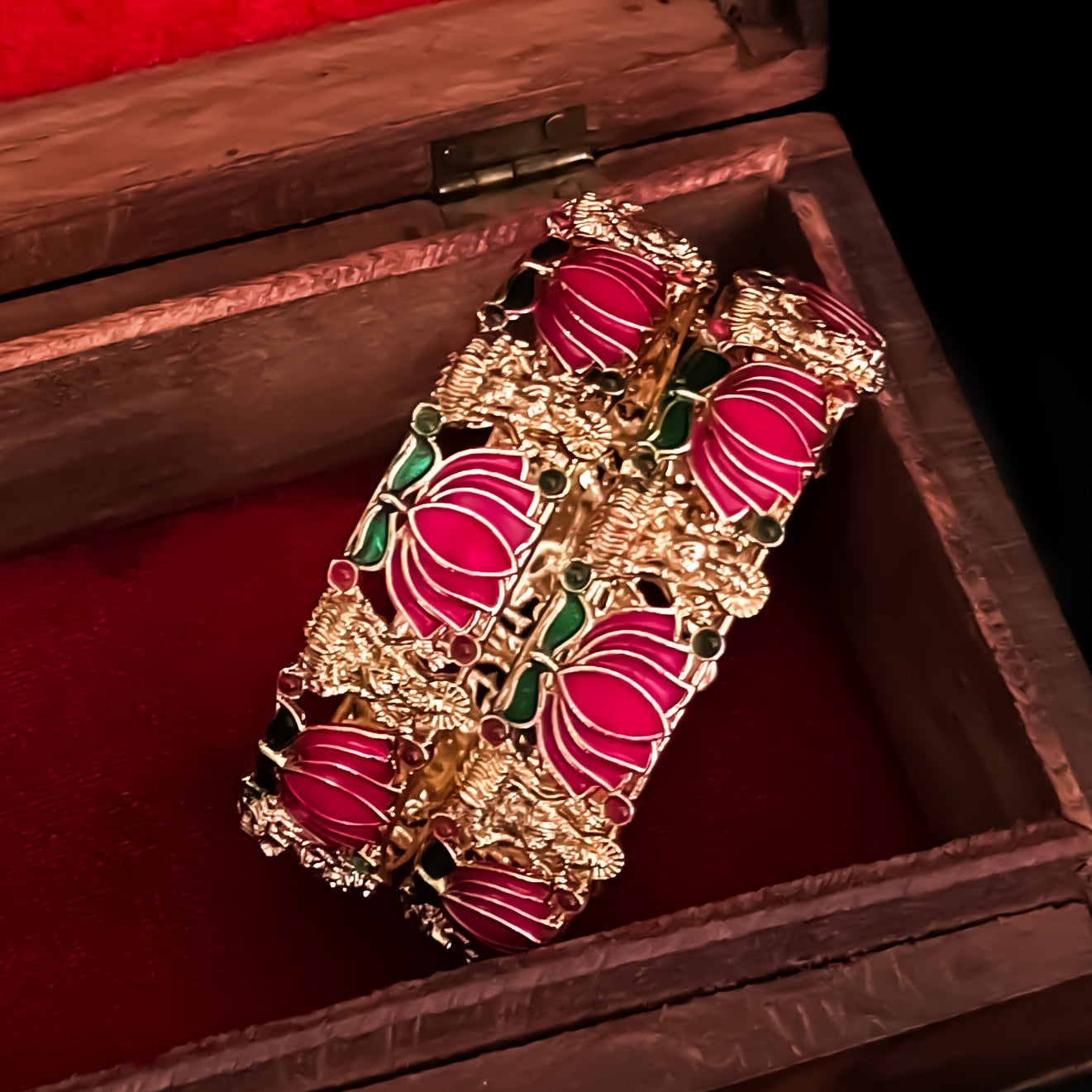 Nalini Lotus Lakshmi Temple Gold Bangles - Set of 2 (Pink)
