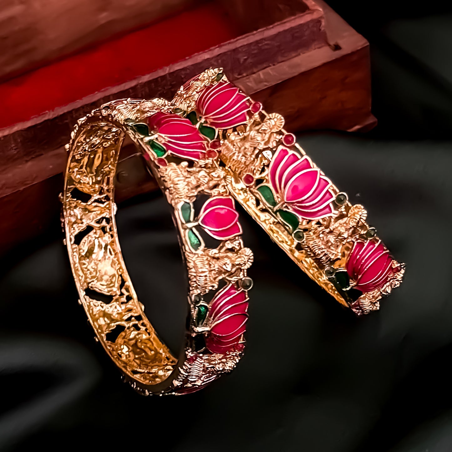 Nalini Lotus Lakshmi Temple Gold Bangles - Set of 2 (Pink)
