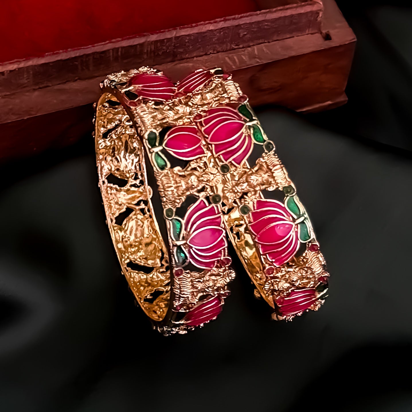Nalini Lotus Lakshmi Temple Gold Bangles - Set of 2 (Pink)