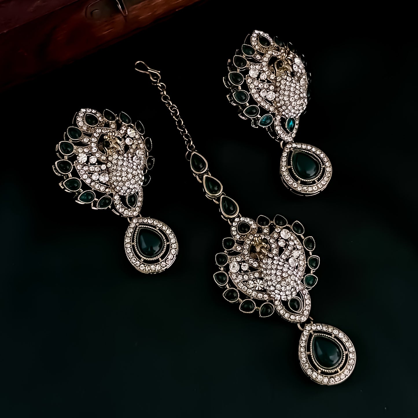 Yasmin Peacock Reverse AD Necklace Set - Green
