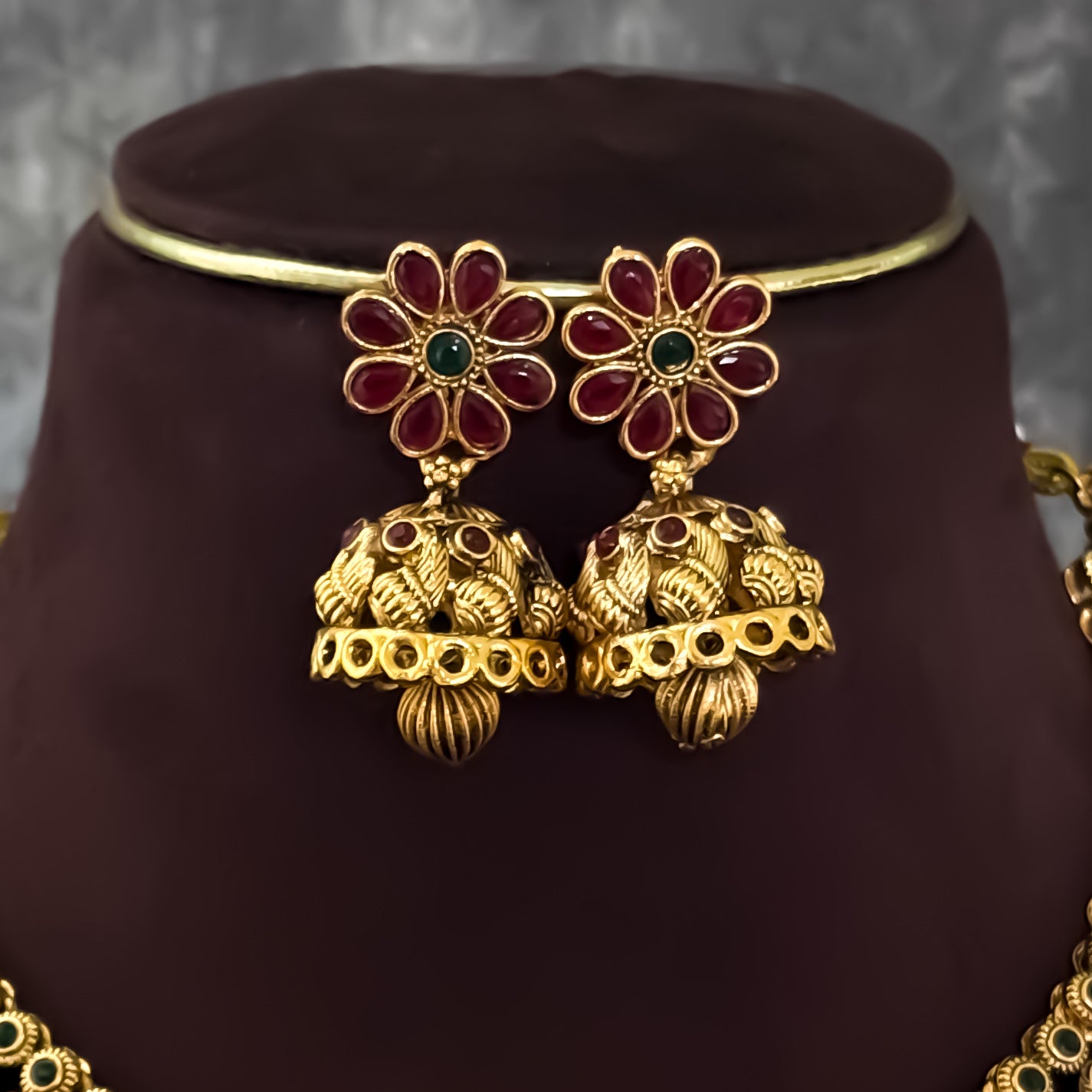 Jeevitha Temple Gold Motif Necklace Set - Maroon & Green
