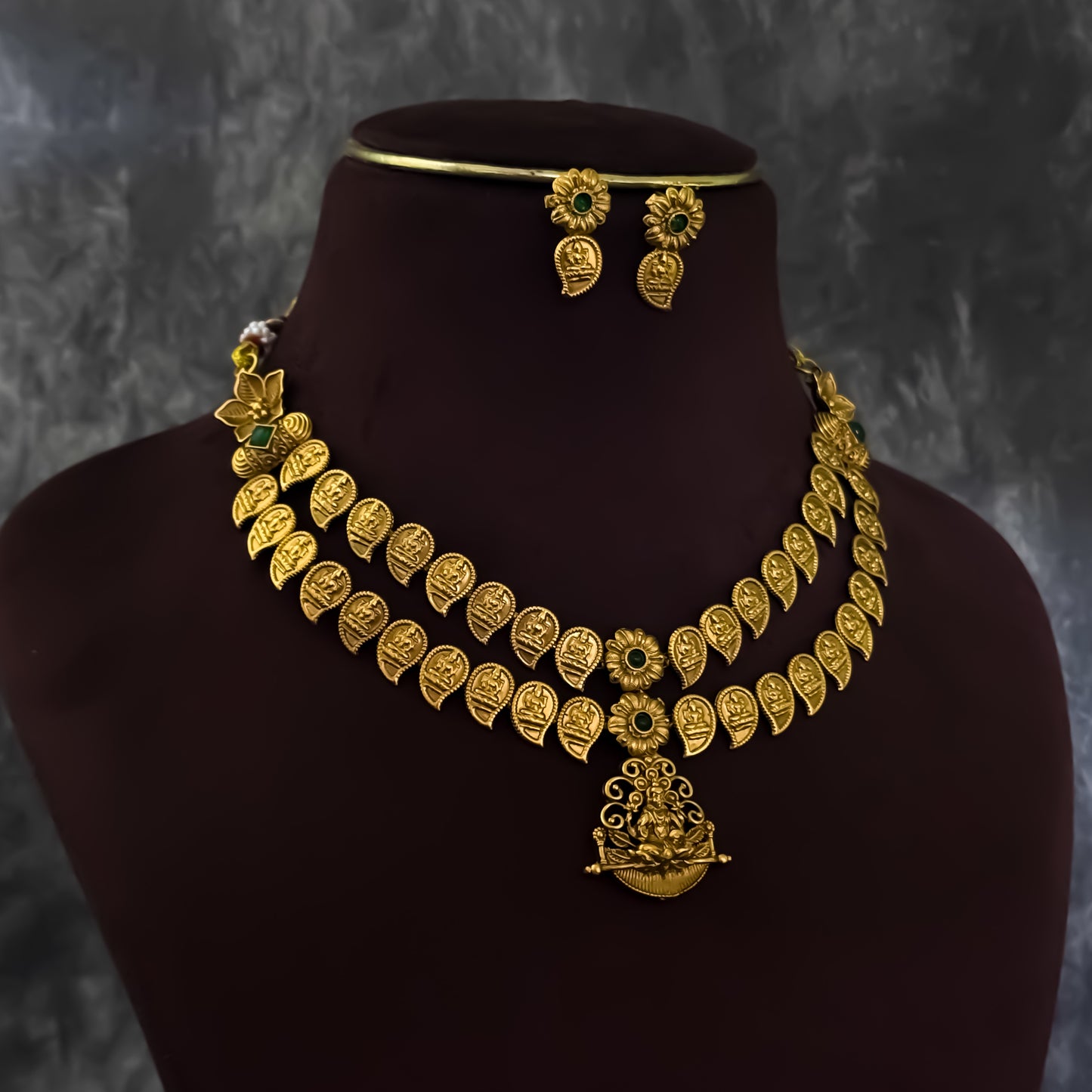 Kaveri Coin Lakshmi Double Layer Temple Necklace Set - Golden