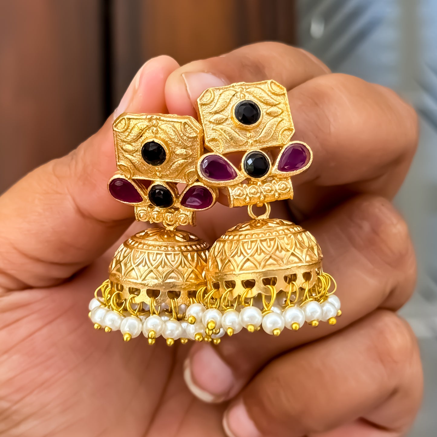Shanvika Pink & Black Premium Brass Jhumka Earrings