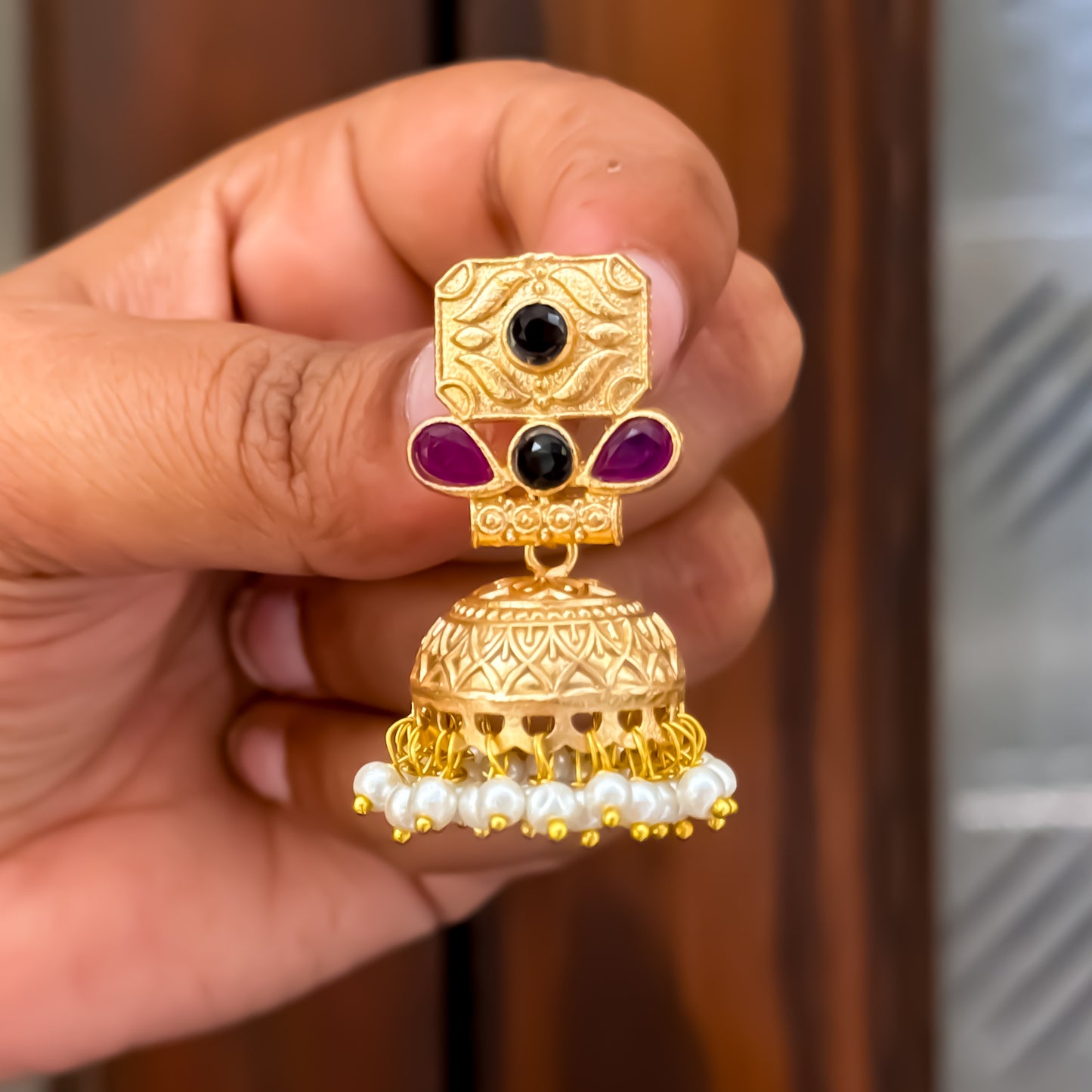 Shanvika Purple & Black Premium Kashmiri Brass Jhumka Earrings
