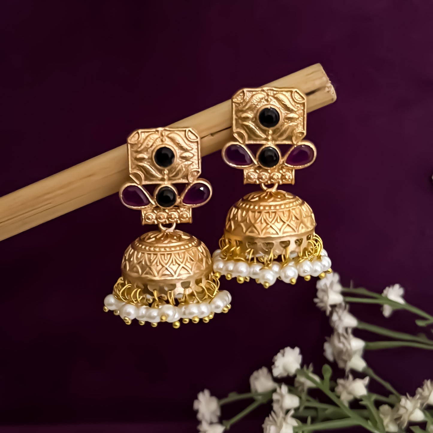 Shanvika Pink & Black Premium Kashmiri Brass Jhumka Earrings