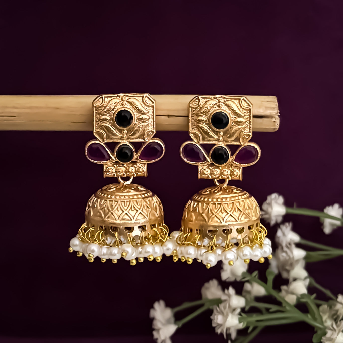 Shanvika Purple & Black Premium Kashmiri Brass Jhumka Earrings