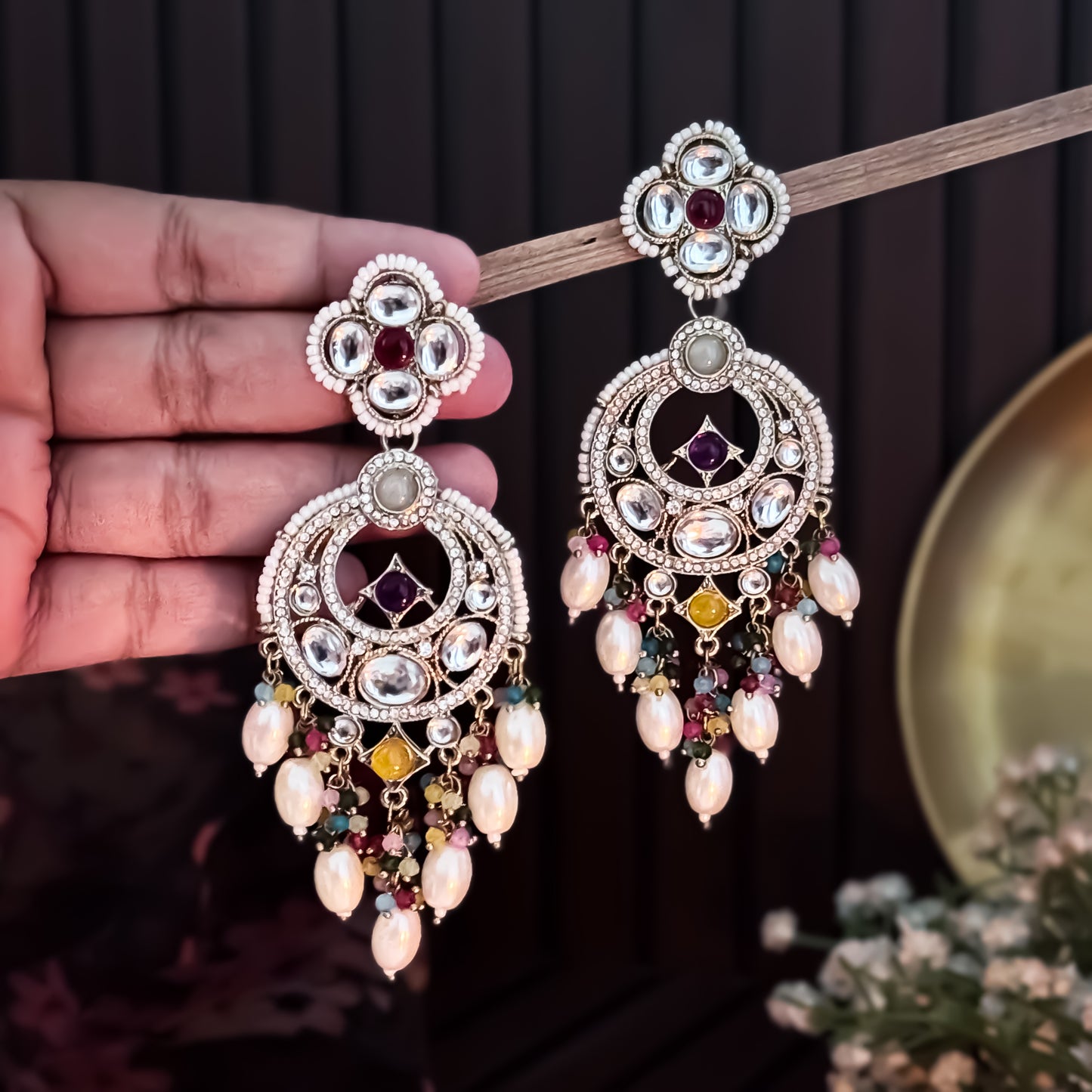 Rushali Kundan Pearl Chandbali Earrings - Multi
