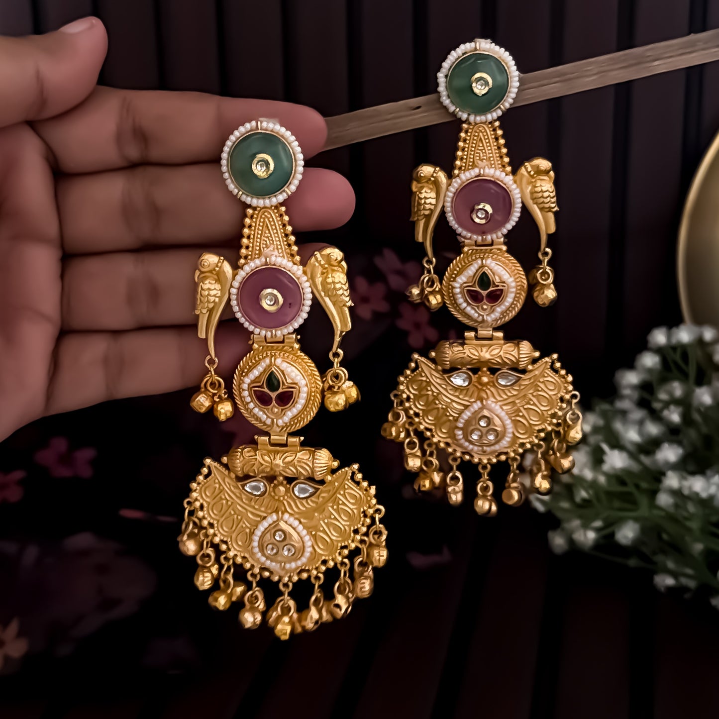 Dhwani Kashmiri Brass Dejhoor Ghungroo Jhumka Earrings - Pastel Pink & Pastel Green