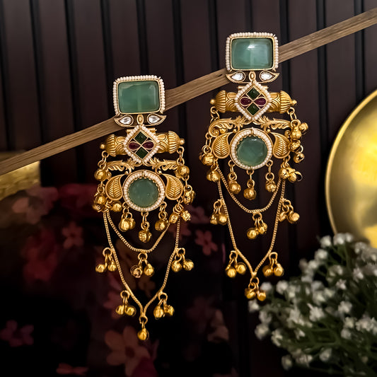 Patralekha Kashmiri Brass Dejhoor Ghungroo Jhumka Earrings - Pastel Green