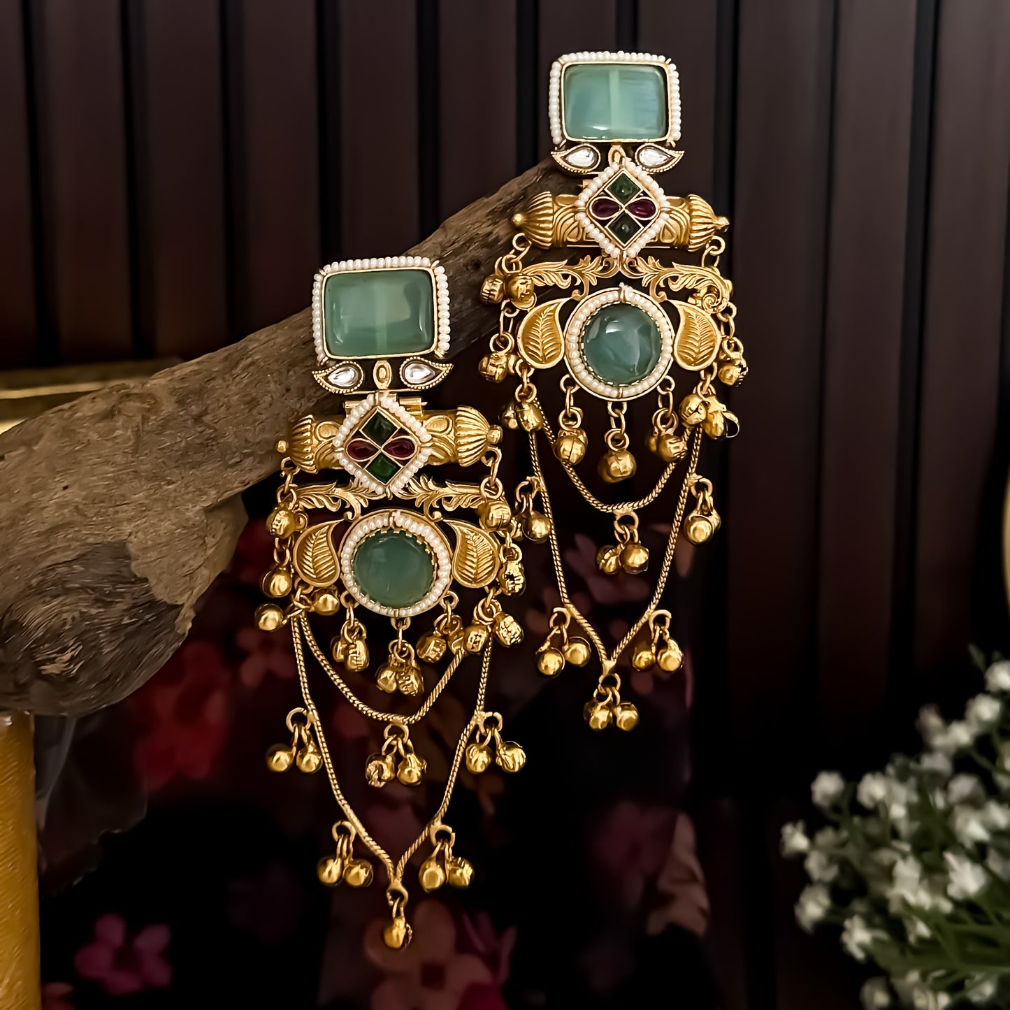 Patralekha Kashmiri Brass Dejhoor Ghungroo Jhumka Earrings - Pastel Green