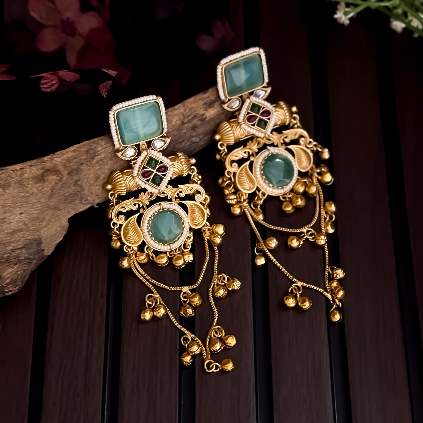 Patralekha Kashmiri Brass Dejhoor Ghungroo Jhumka Earrings - Pastel Green